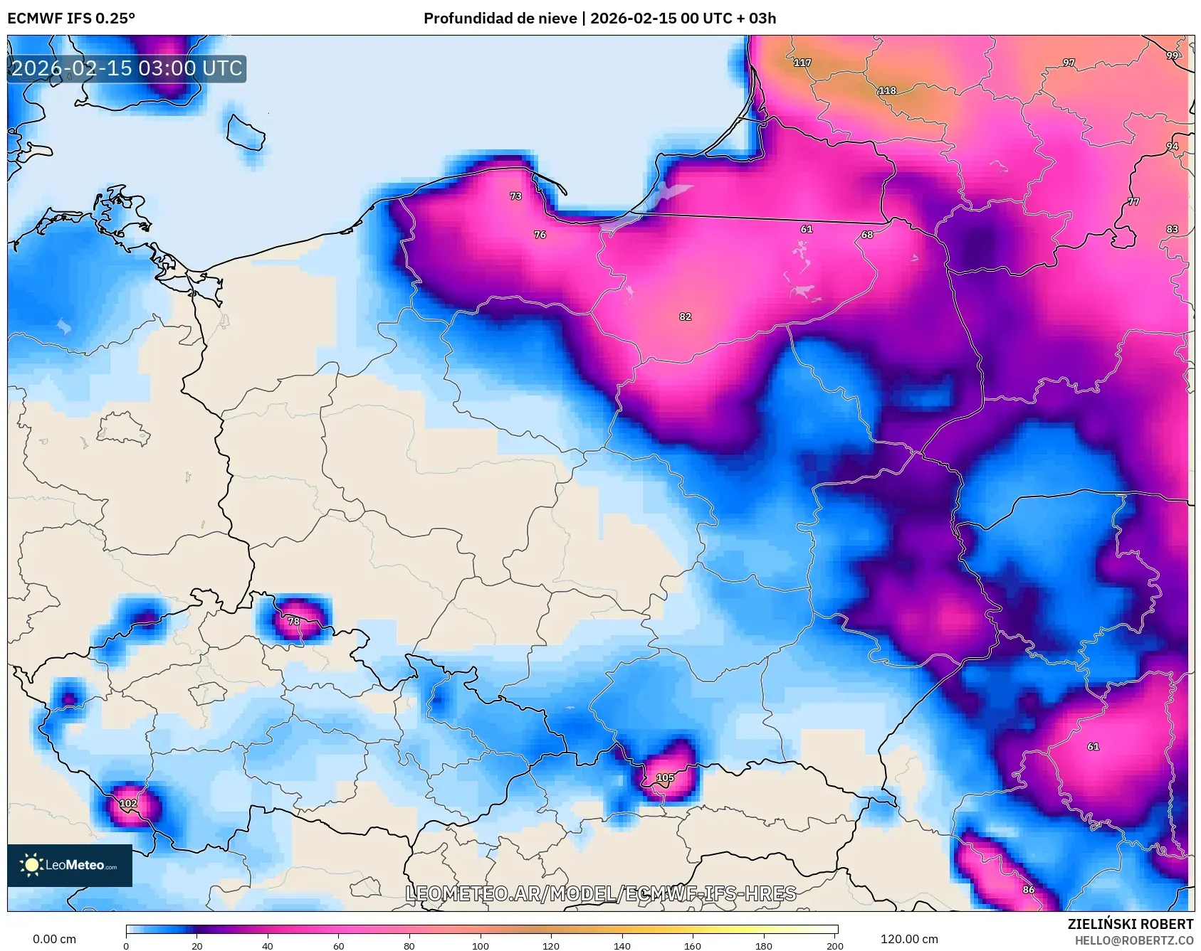 ECMWF IFS 0.25° model - Polonia, Profundidad de nieve