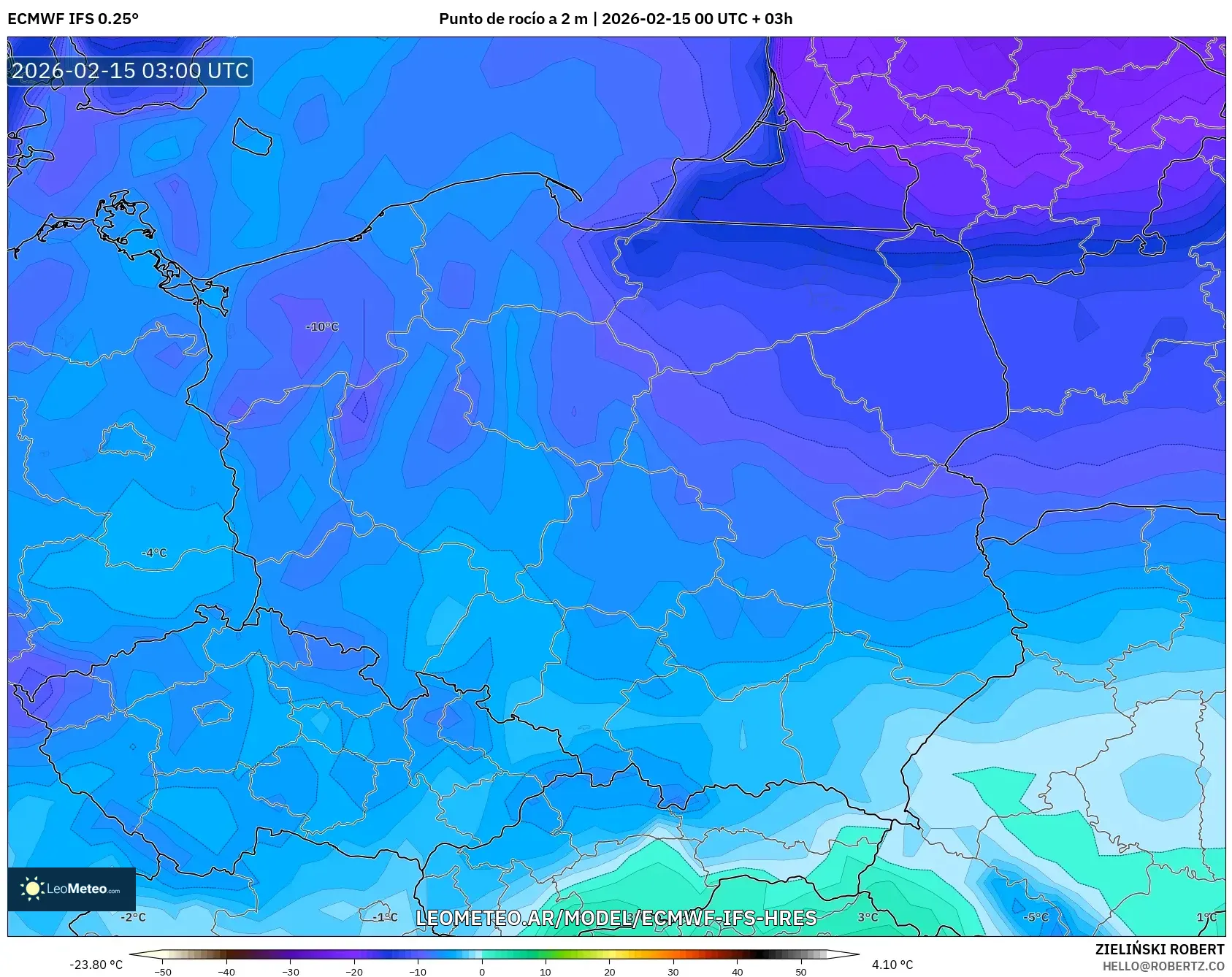 ECMWF IFS 0.25° model - Polonia, Punto de rocío a 2 m