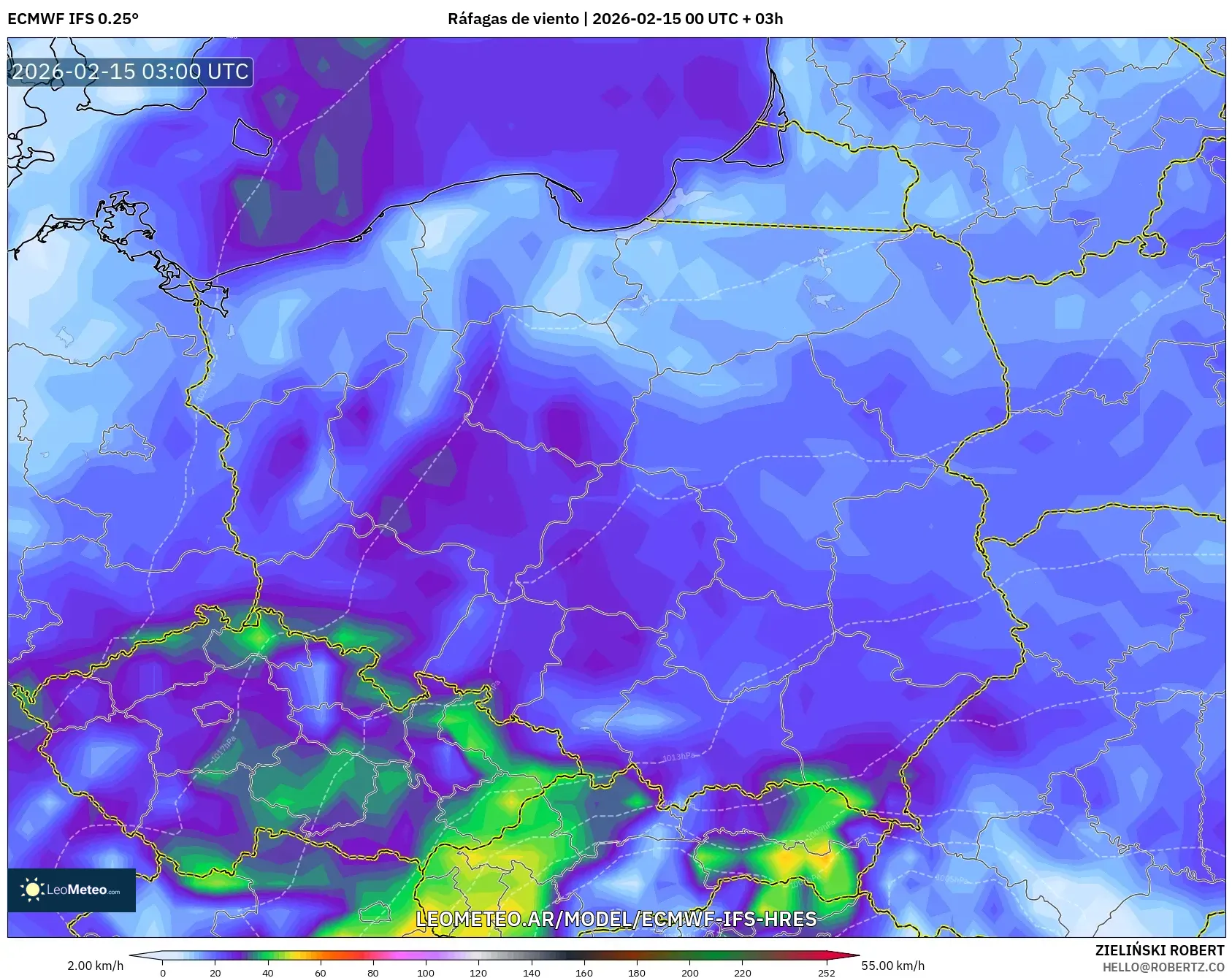 ECMWF IFS 0.25° model - Polonia, Ráfagas de viento