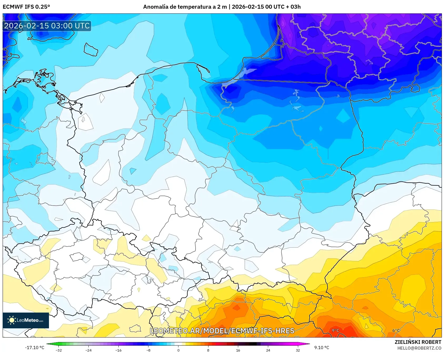 ECMWF IFS 0.25° model - Polonia, Anomalía de temperatura a 2 m