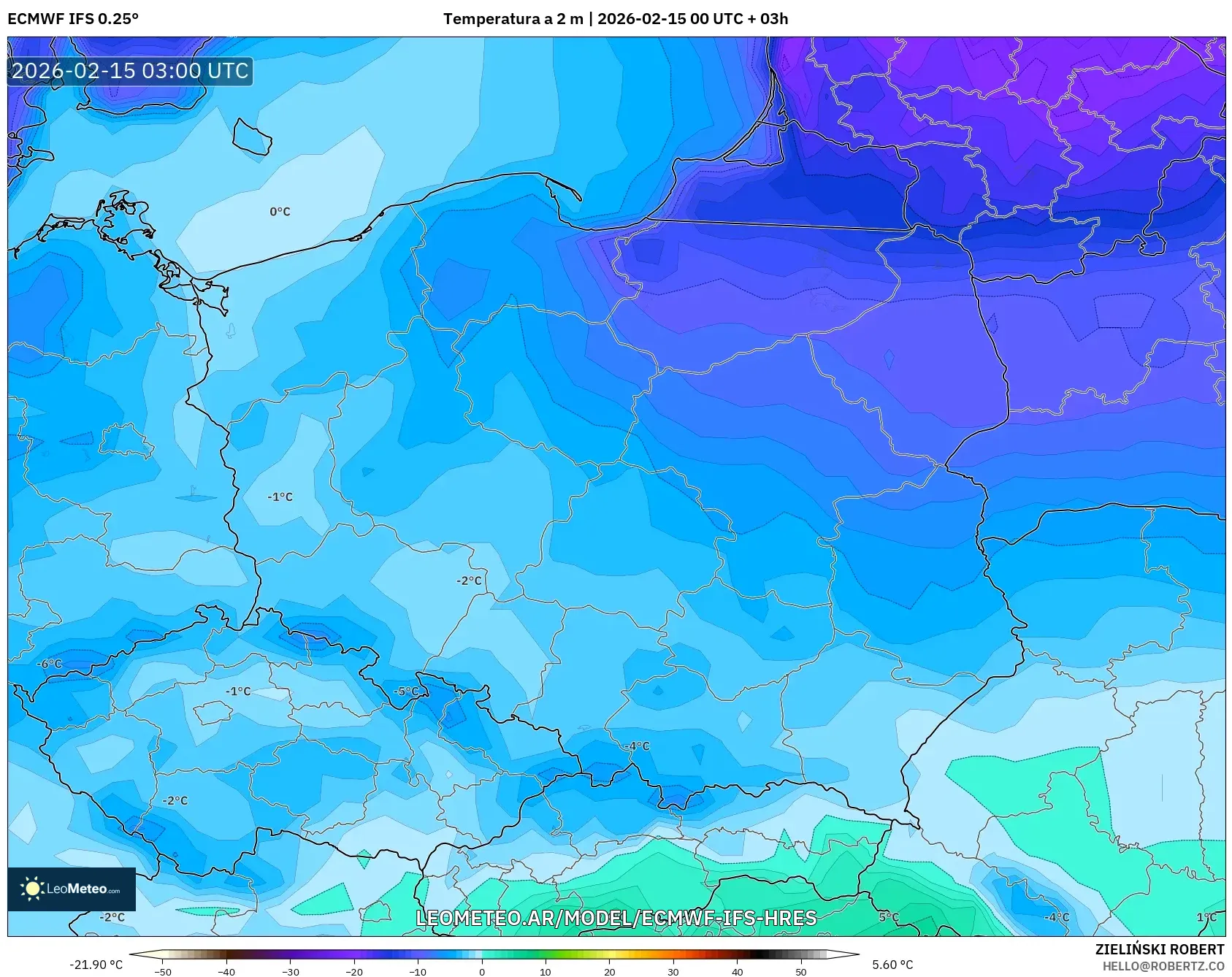 ECMWF IFS 0.25° model - Polonia, Temperatura a 2 m