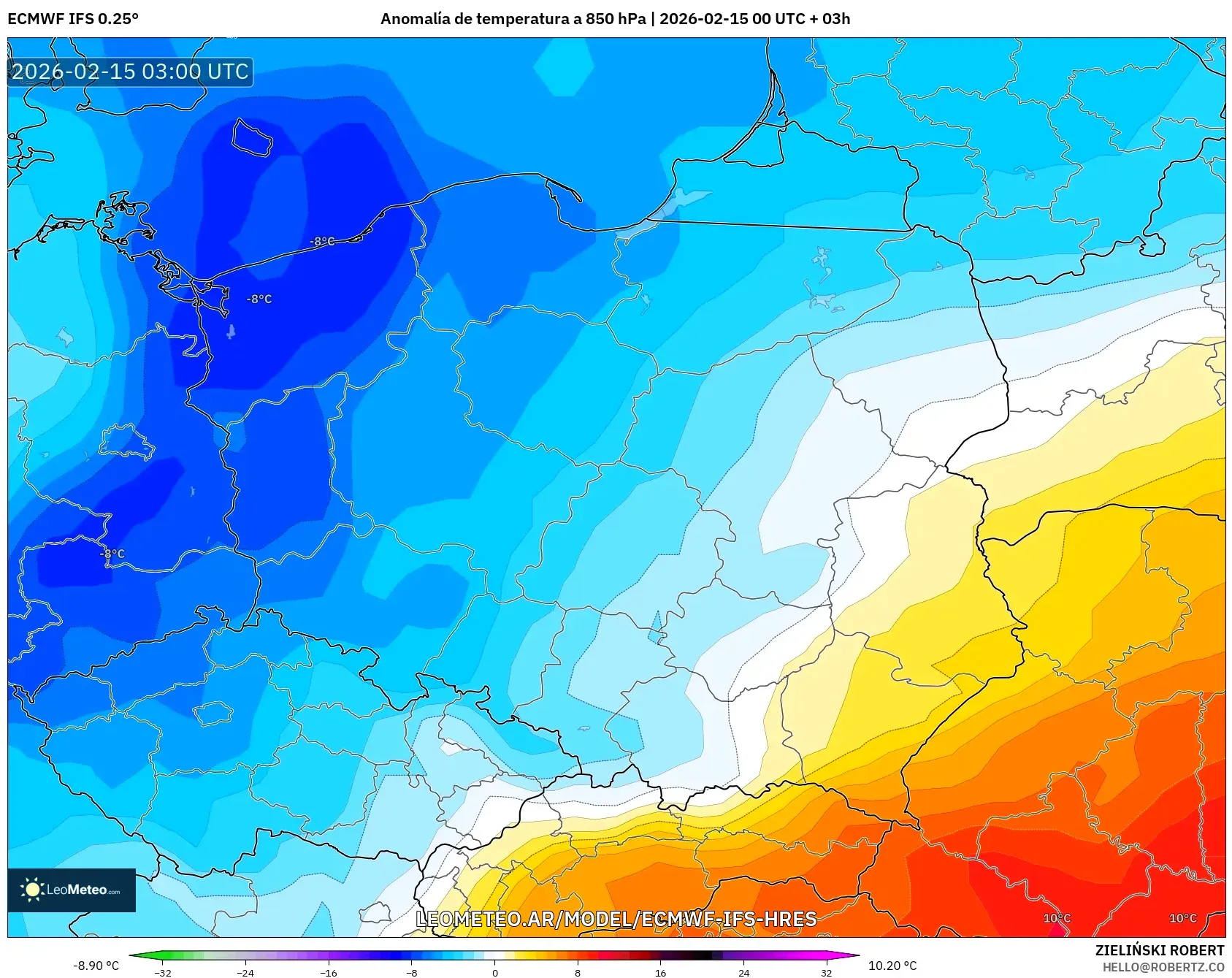 ECMWF IFS 0.25° model - Polonia, Anomalía de temperatura a 850 hPa