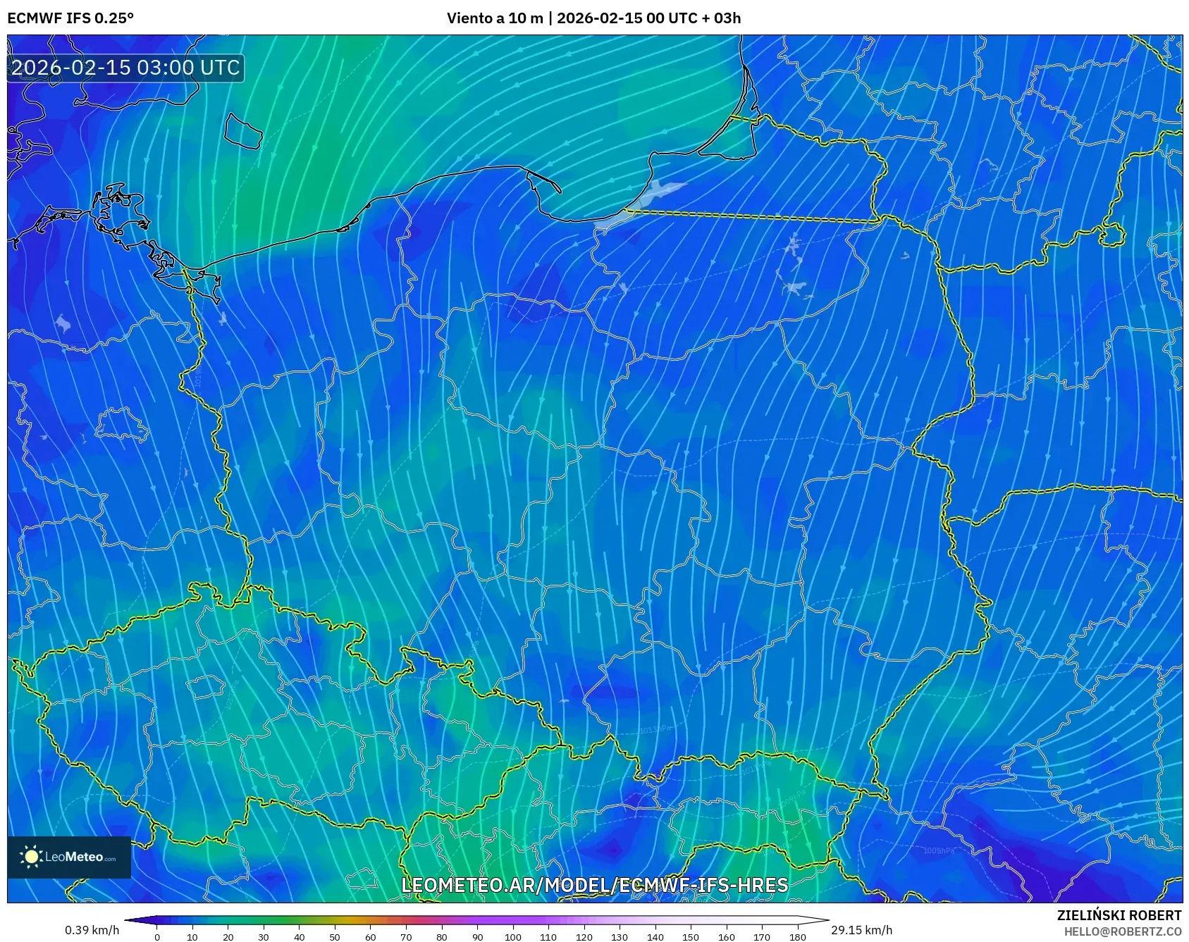 ECMWF IFS 0.25° model - Polonia, Viento a 10 m