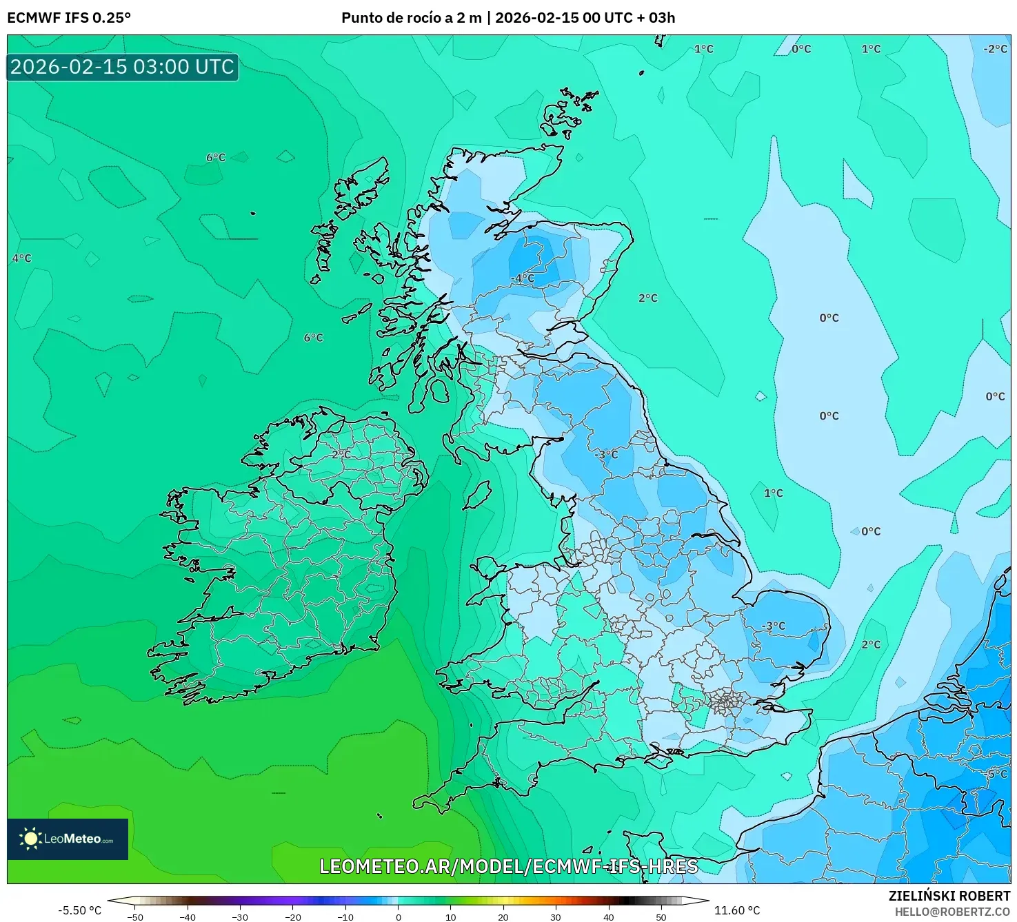 ECMWF IFS 0.25° model - Reino Unido, Punto de rocío a 2 m