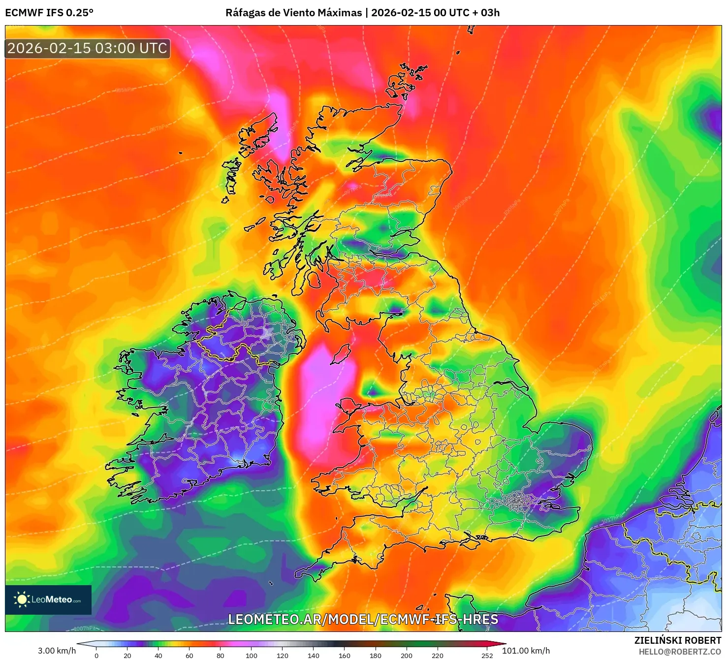 ECMWF IFS 0.25° model - Reino Unido, Ráfagas de Viento Máximas