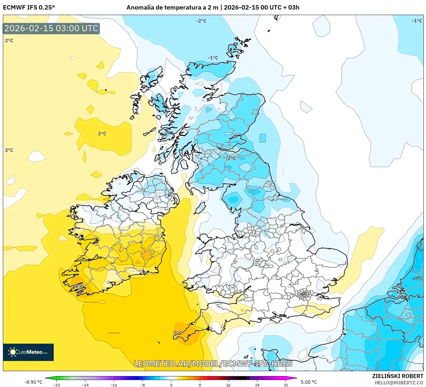 ECMWF IFS 0.25° model - Reino Unido, Anomalía de temperatura a 2 m