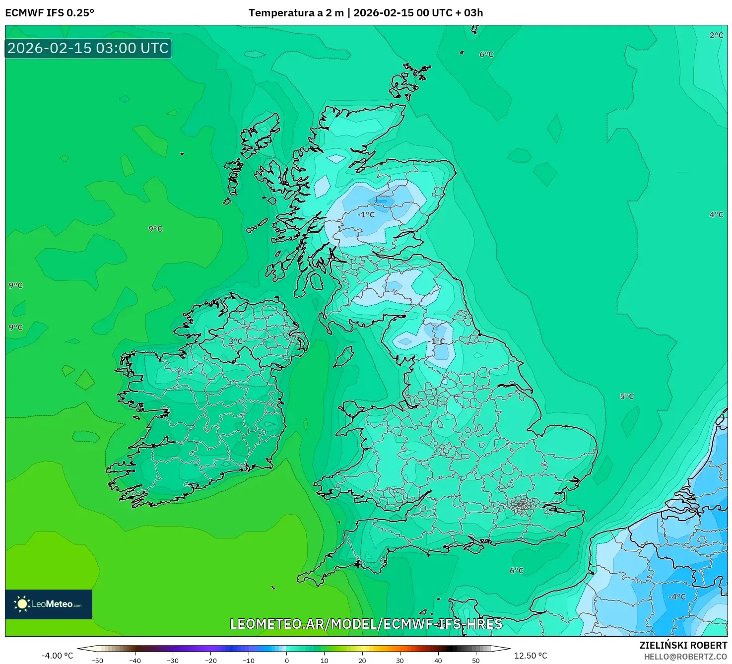 ECMWF IFS 0.25° model - Reino Unido, Temperatura a 2 m