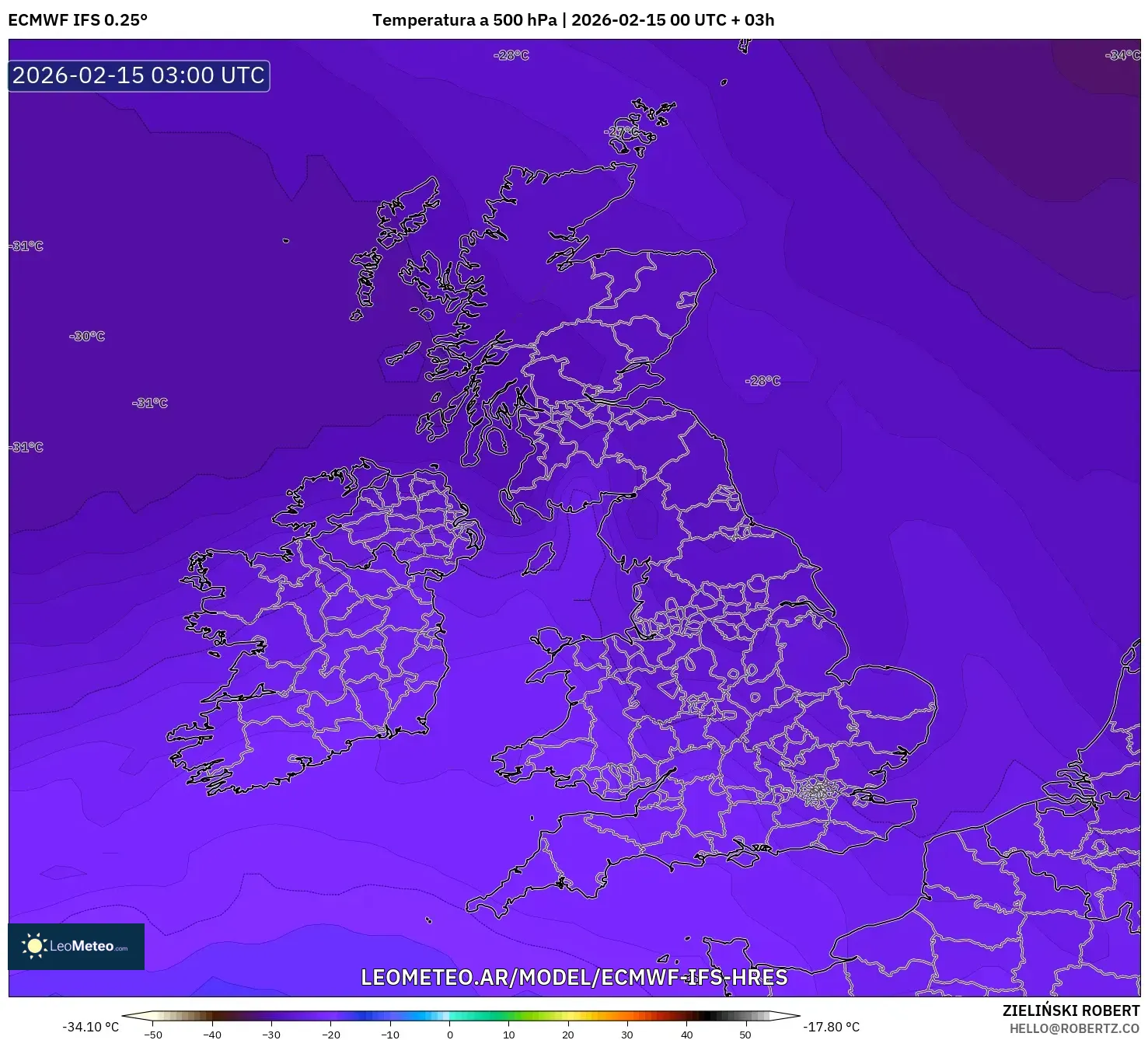 ECMWF IFS 0.25° model - Reino Unido, Temperatura a 500 hPa