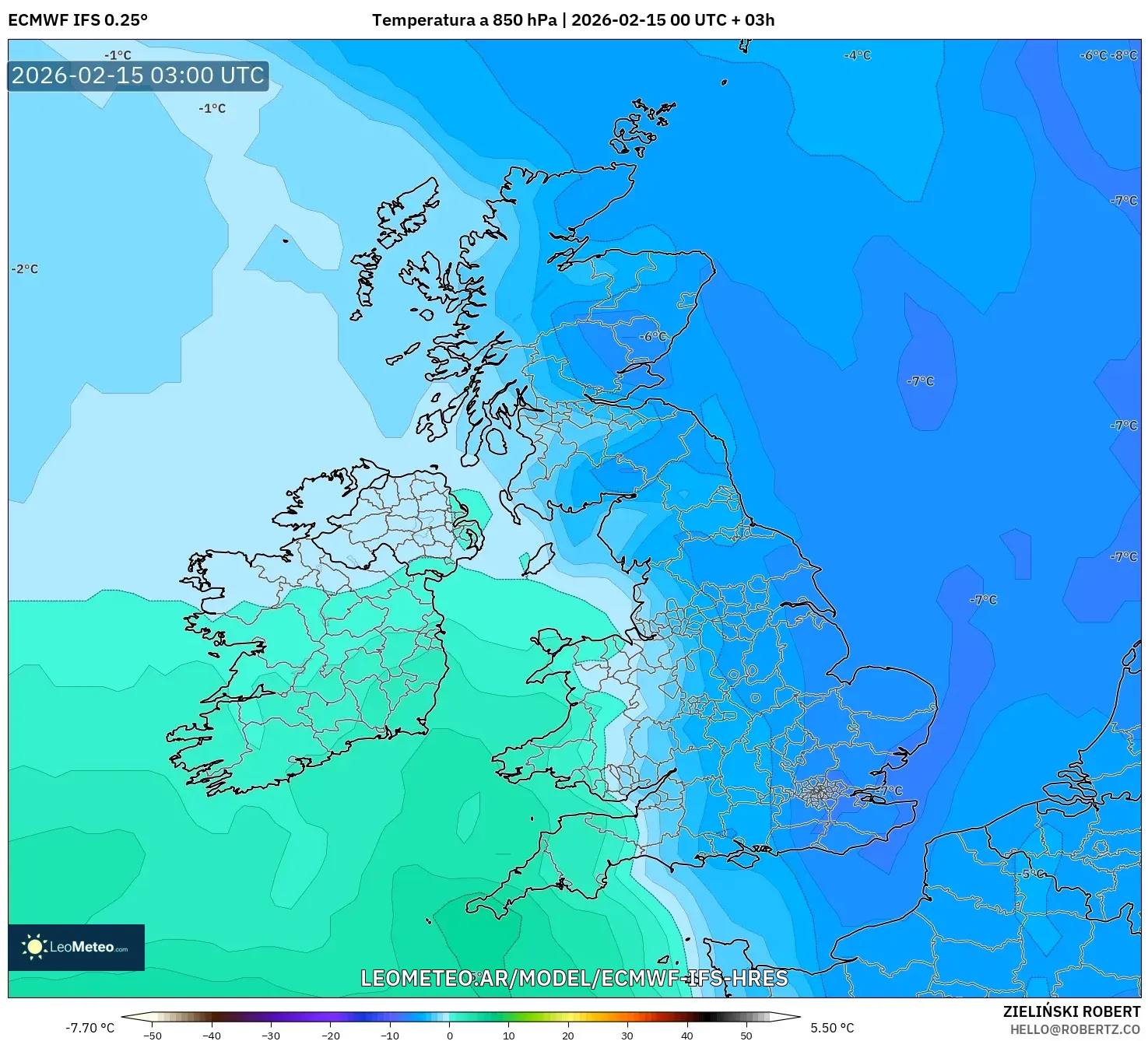 ECMWF IFS 0.25° model - Reino Unido, Temperatura a 850 hPa