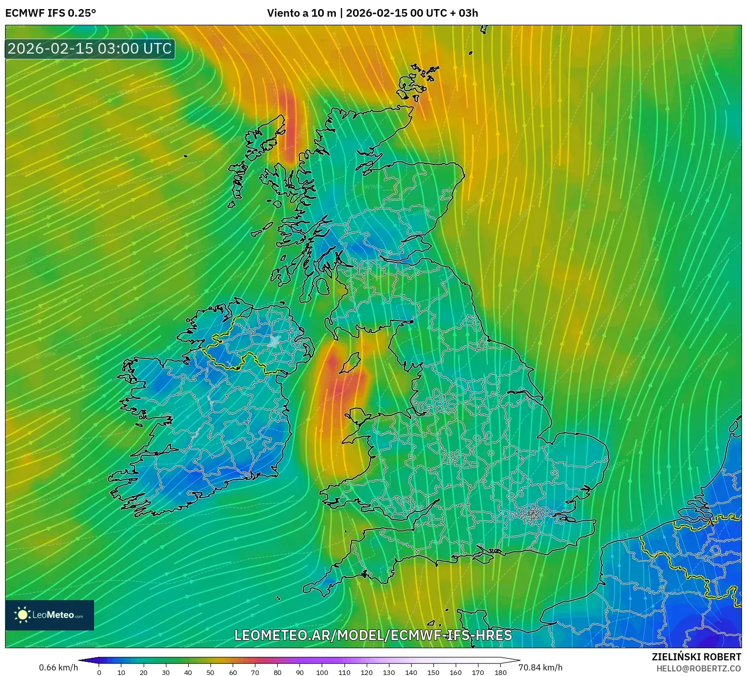 ECMWF IFS 0.25° model - Reino Unido, Viento a 10 m