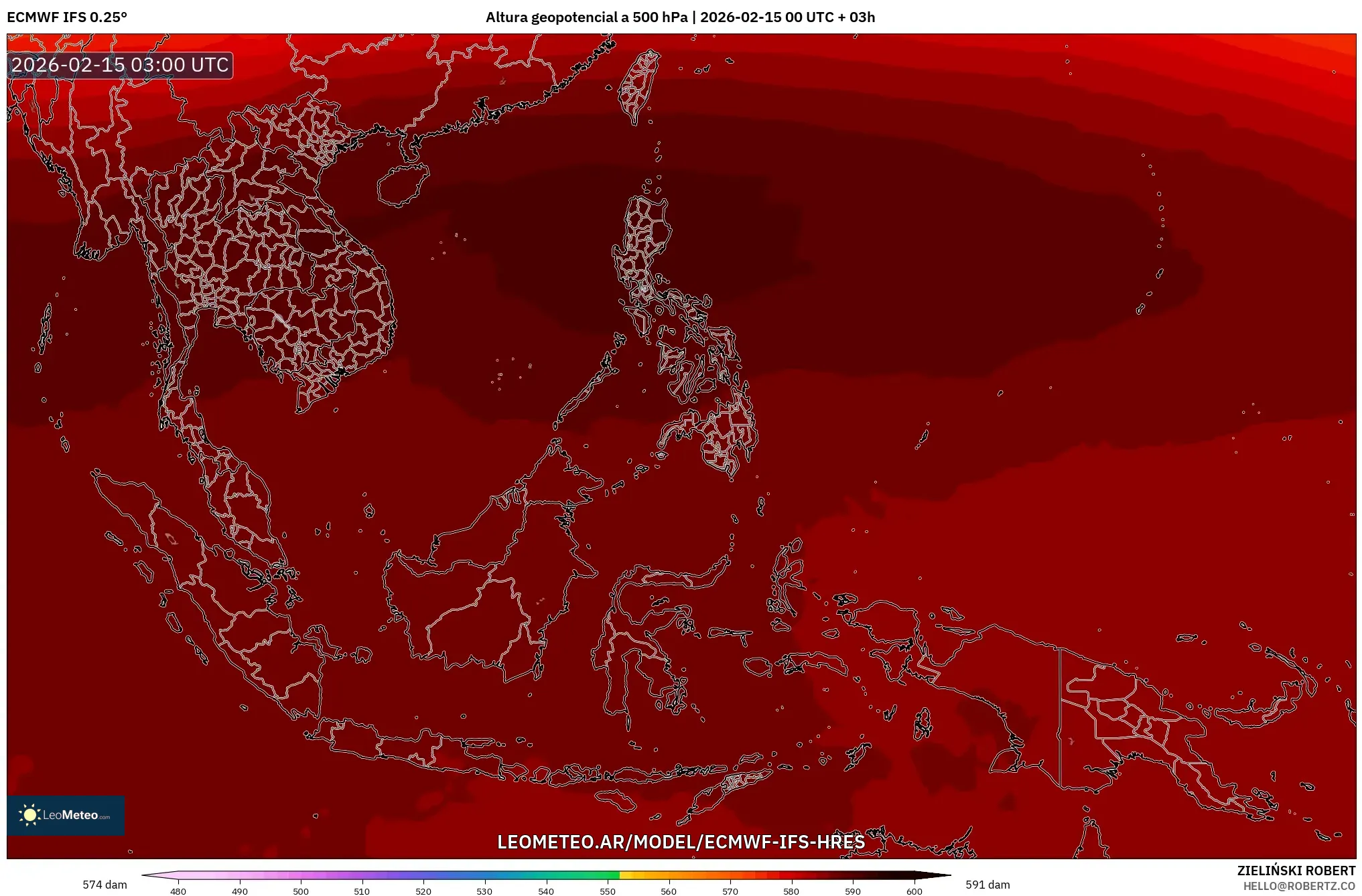 ECMWF IFS 0.25° model - Sudeste Asiático, Altura geopotencial a 500 hPa
