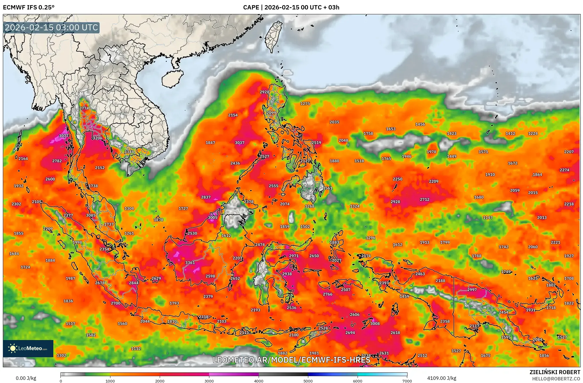 ECMWF IFS 0.25° model - Sudeste Asiático, CAPE