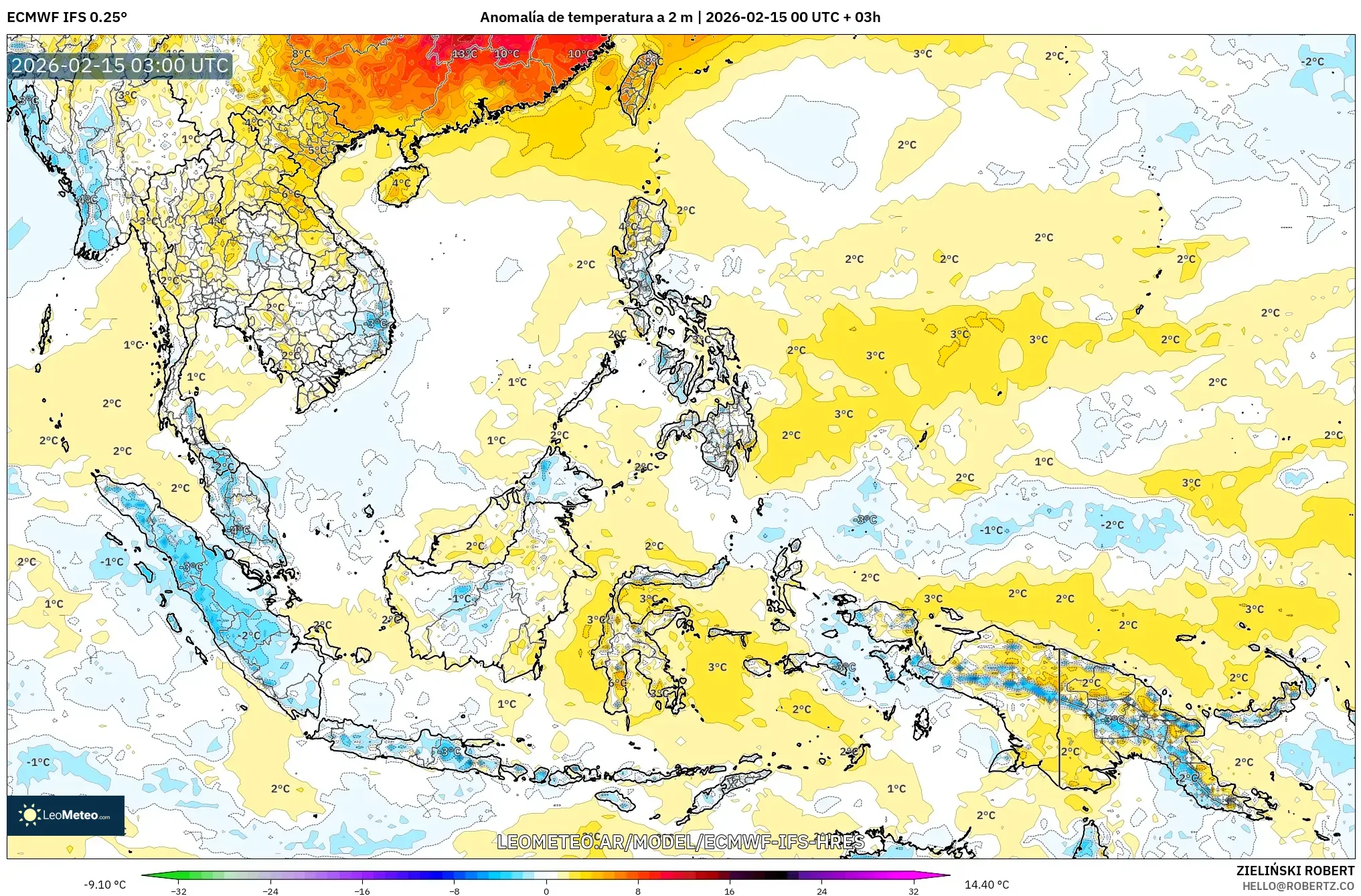 ECMWF IFS 0.25° model - Sudeste Asiático, Anomalía de temperatura a 2 m