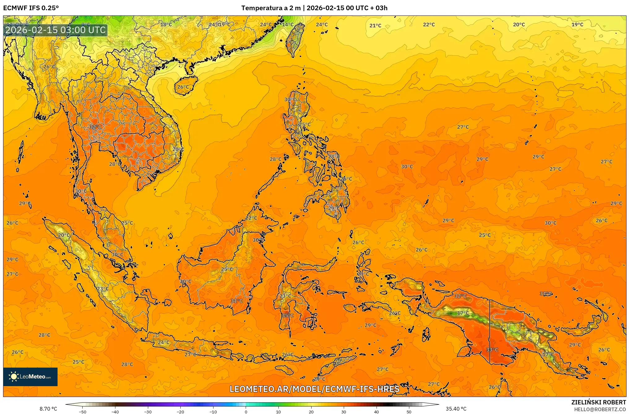ECMWF IFS 0.25° model - Sudeste Asiático, Temperatura a 2 m