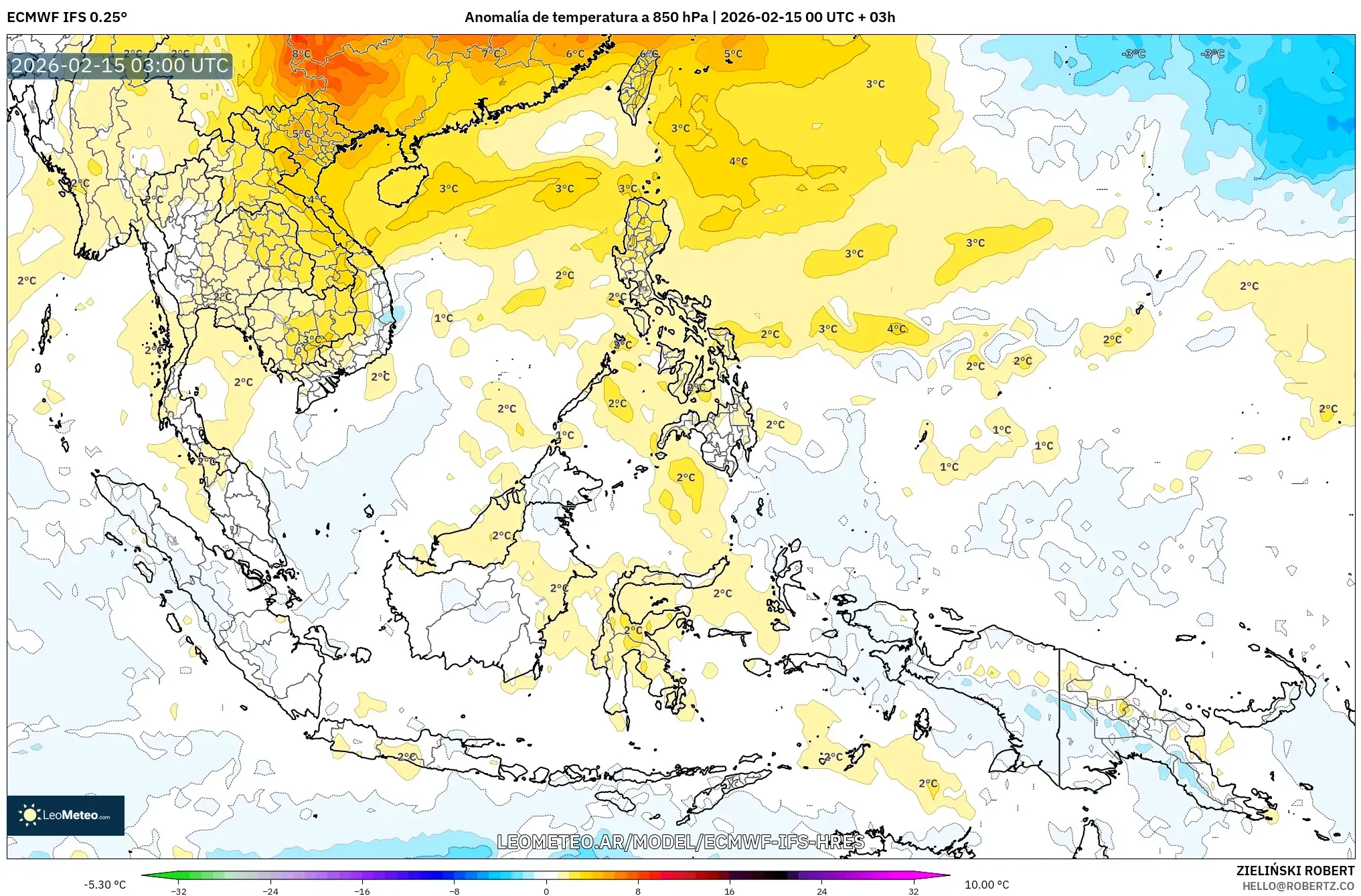 ECMWF IFS 0.25° model - Sudeste Asiático, Anomalía de temperatura a 850 hPa