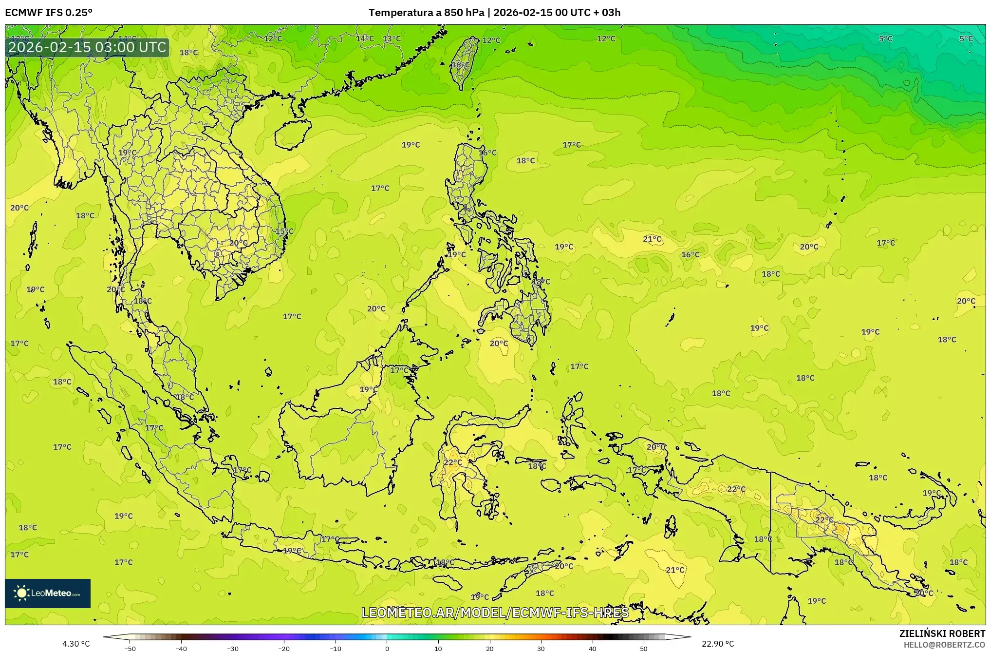 ECMWF IFS 0.25° model - Sudeste Asiático, Temperatura a 850 hPa