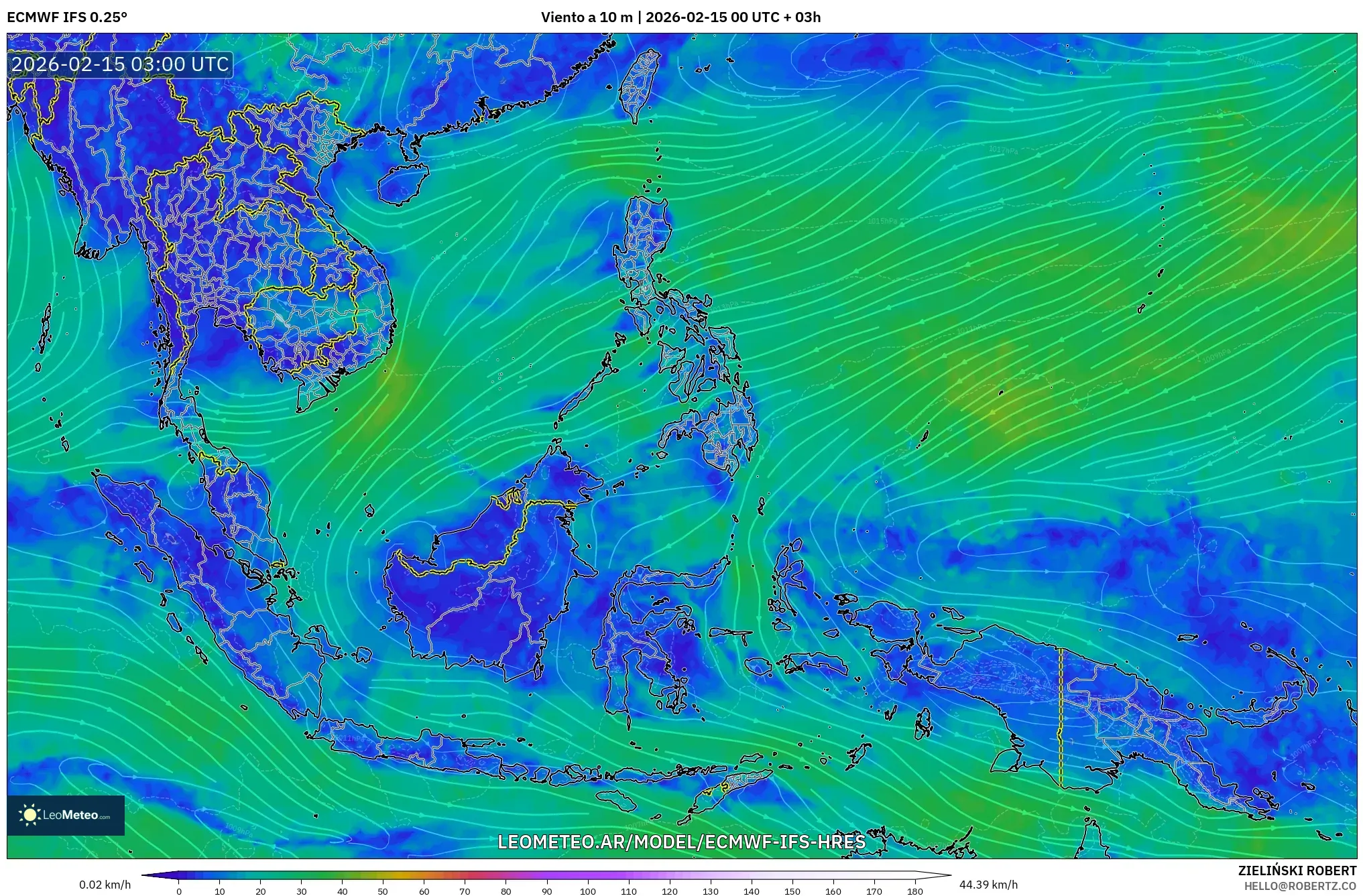 ECMWF IFS 0.25° model - Sudeste Asiático, Viento a 10 m