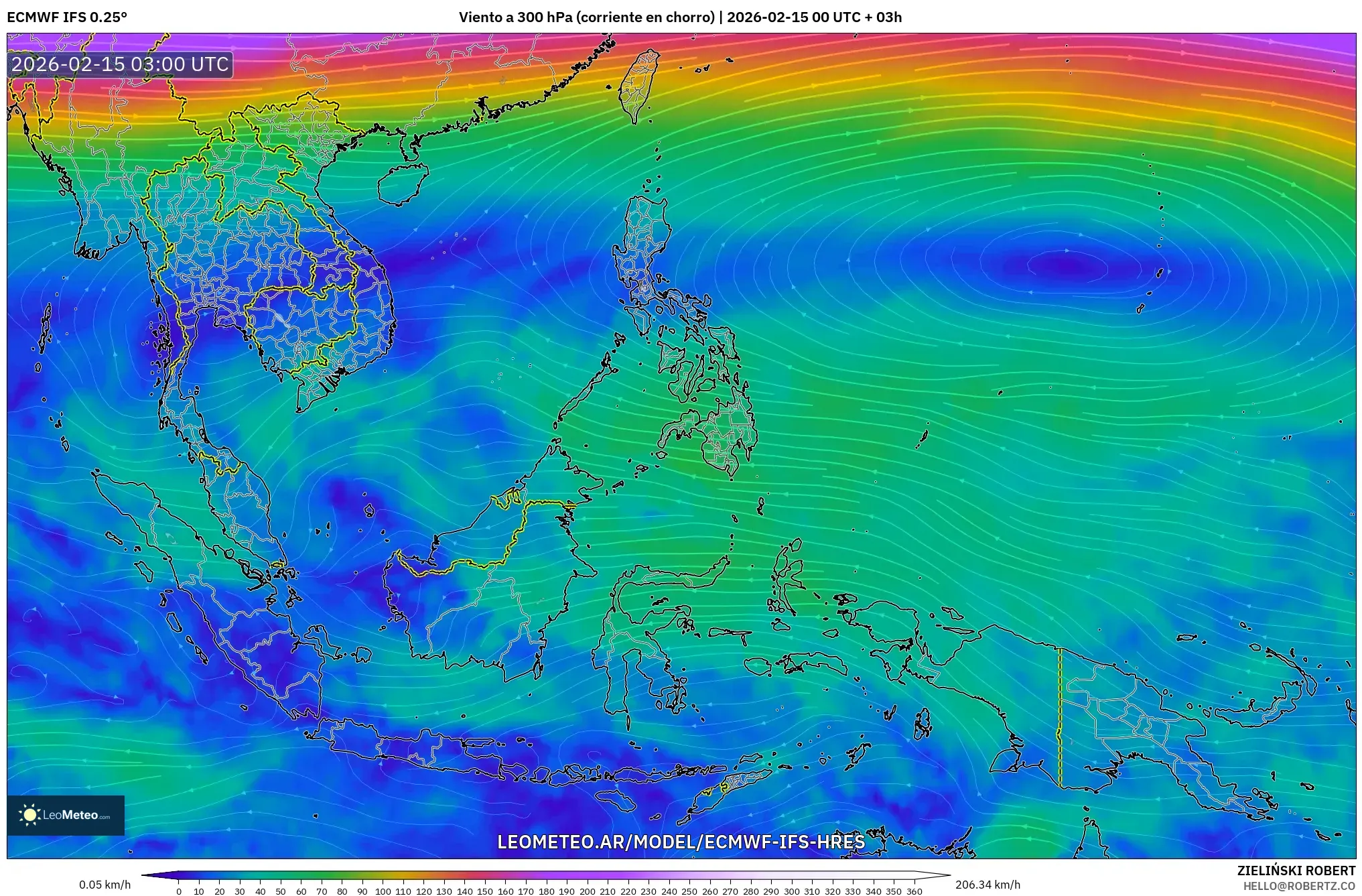 ECMWF IFS 0.25° model - Sudeste Asiático, Viento a 300 hPa (corriente en chorro)