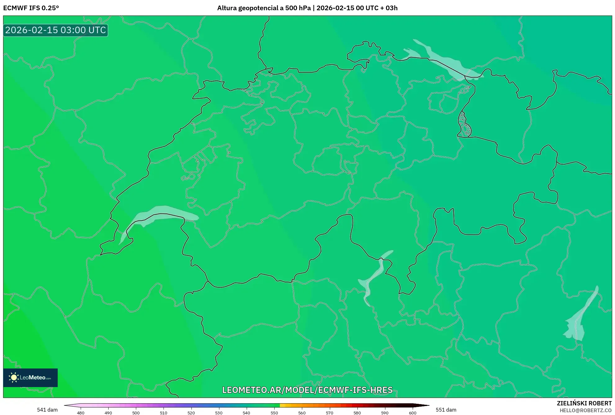 ECMWF IFS 0.25° model - Suiza, Altura geopotencial a 500 hPa