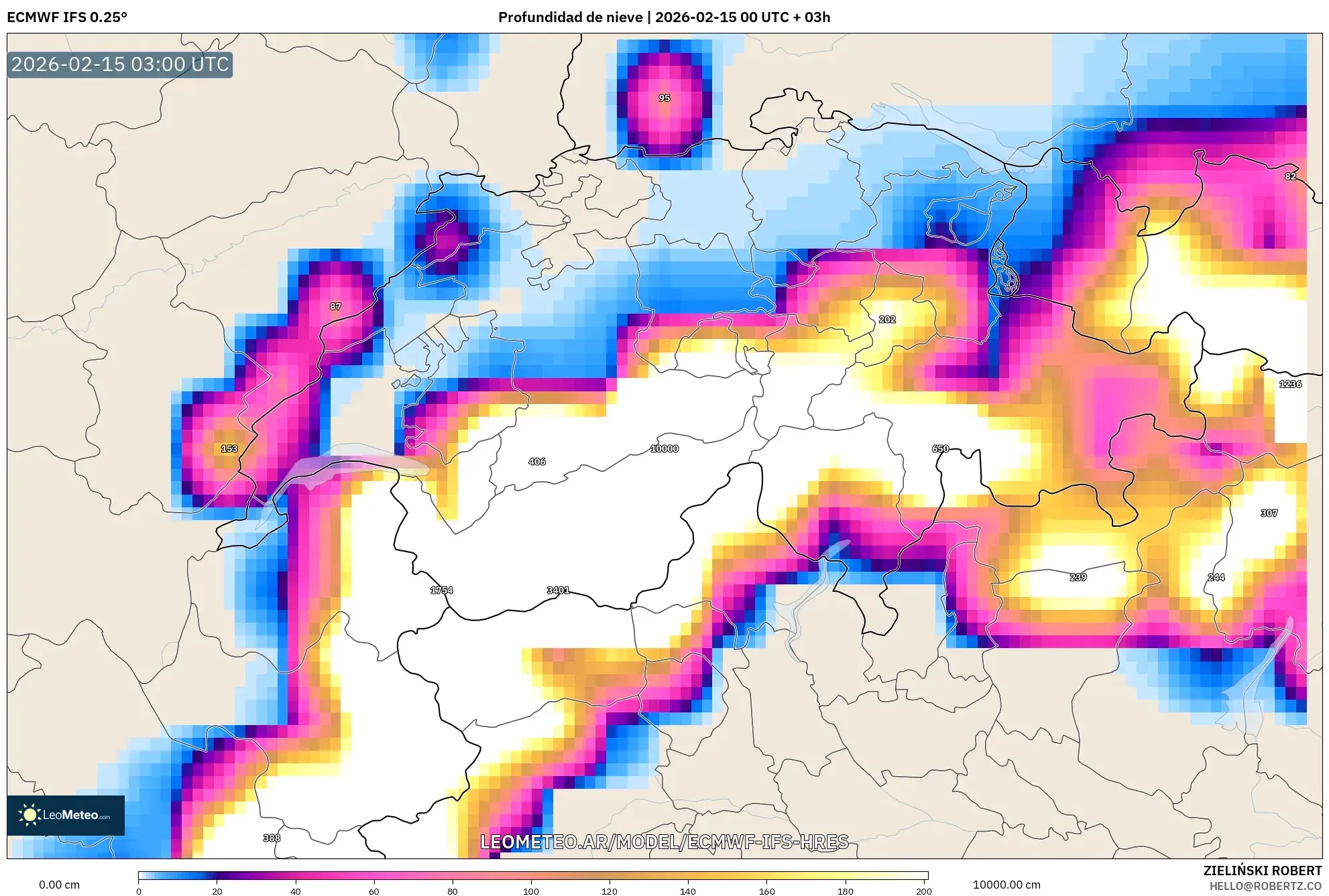 ECMWF IFS 0.25° model - Suiza, Profundidad de nieve
