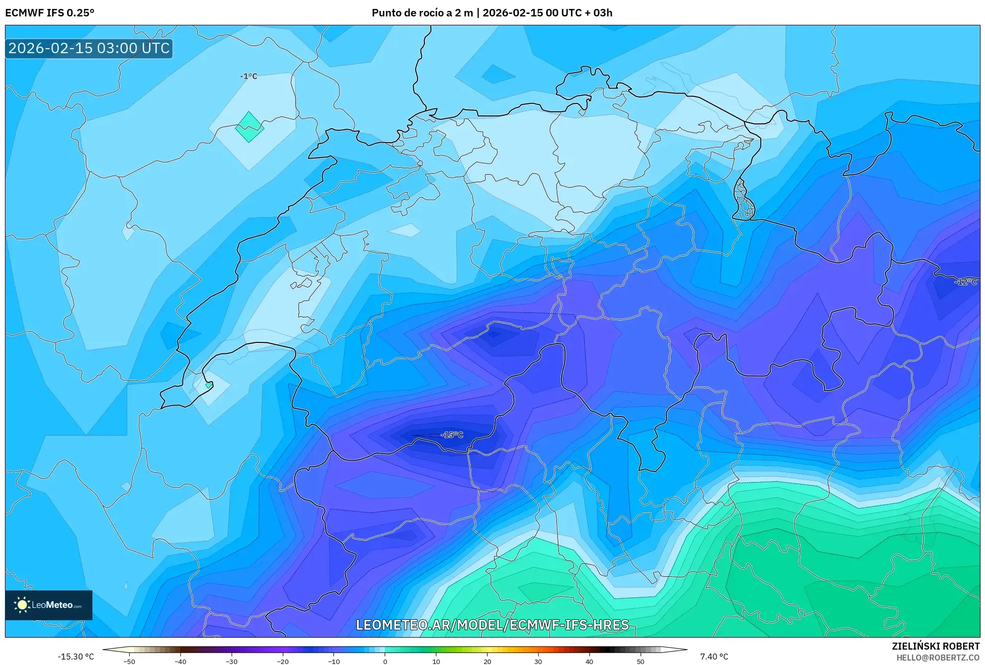 ECMWF IFS 0.25° model - Suiza, Punto de rocío a 2 m