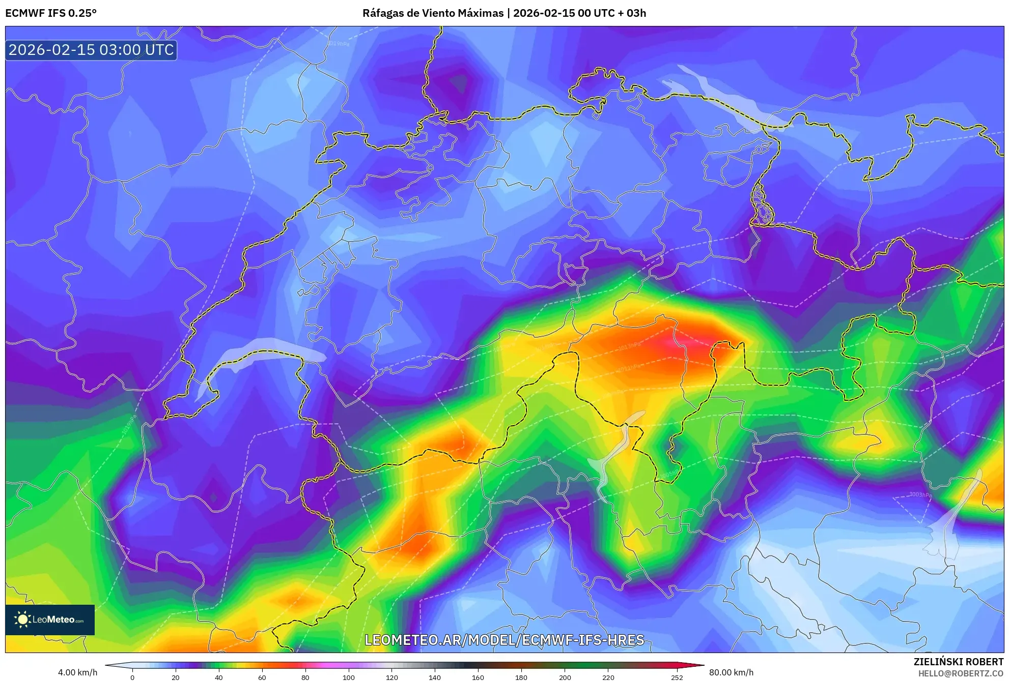 ECMWF IFS 0.25° model - Suiza, Ráfagas de Viento Máximas