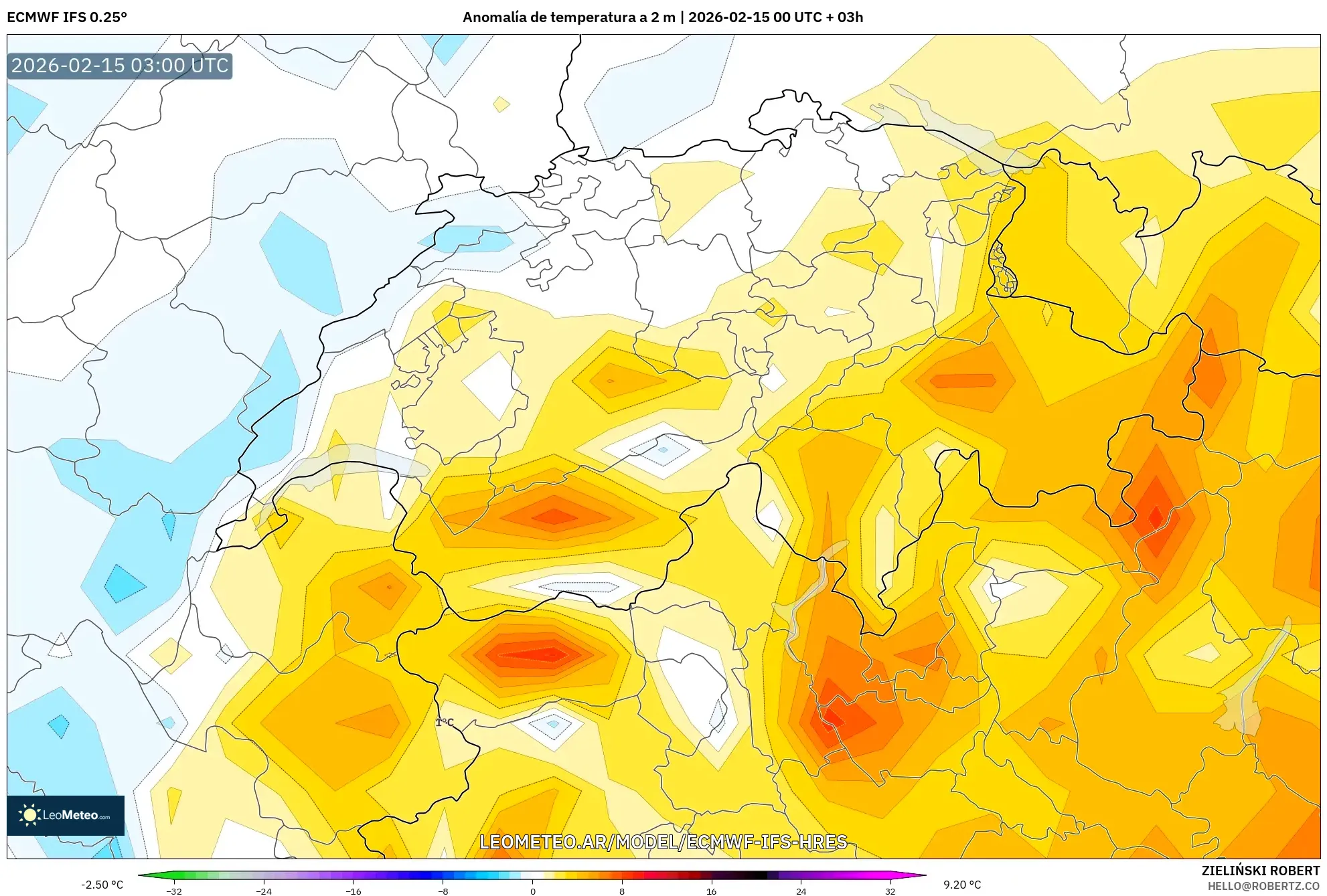 ECMWF IFS 0.25° model - Suiza, Anomalía de temperatura a 2 m