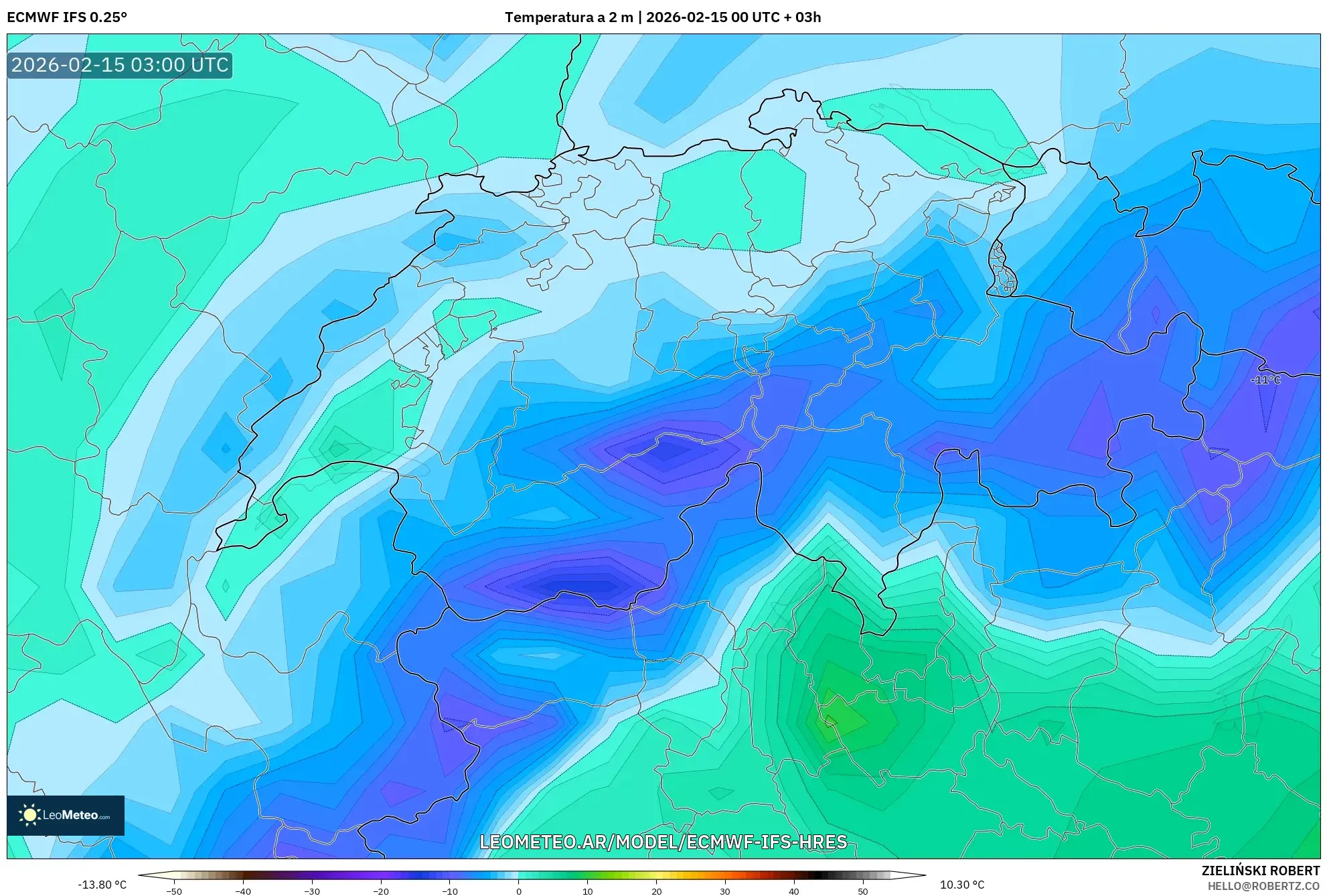 ECMWF IFS 0.25° model - Suiza, Temperatura a 2 m