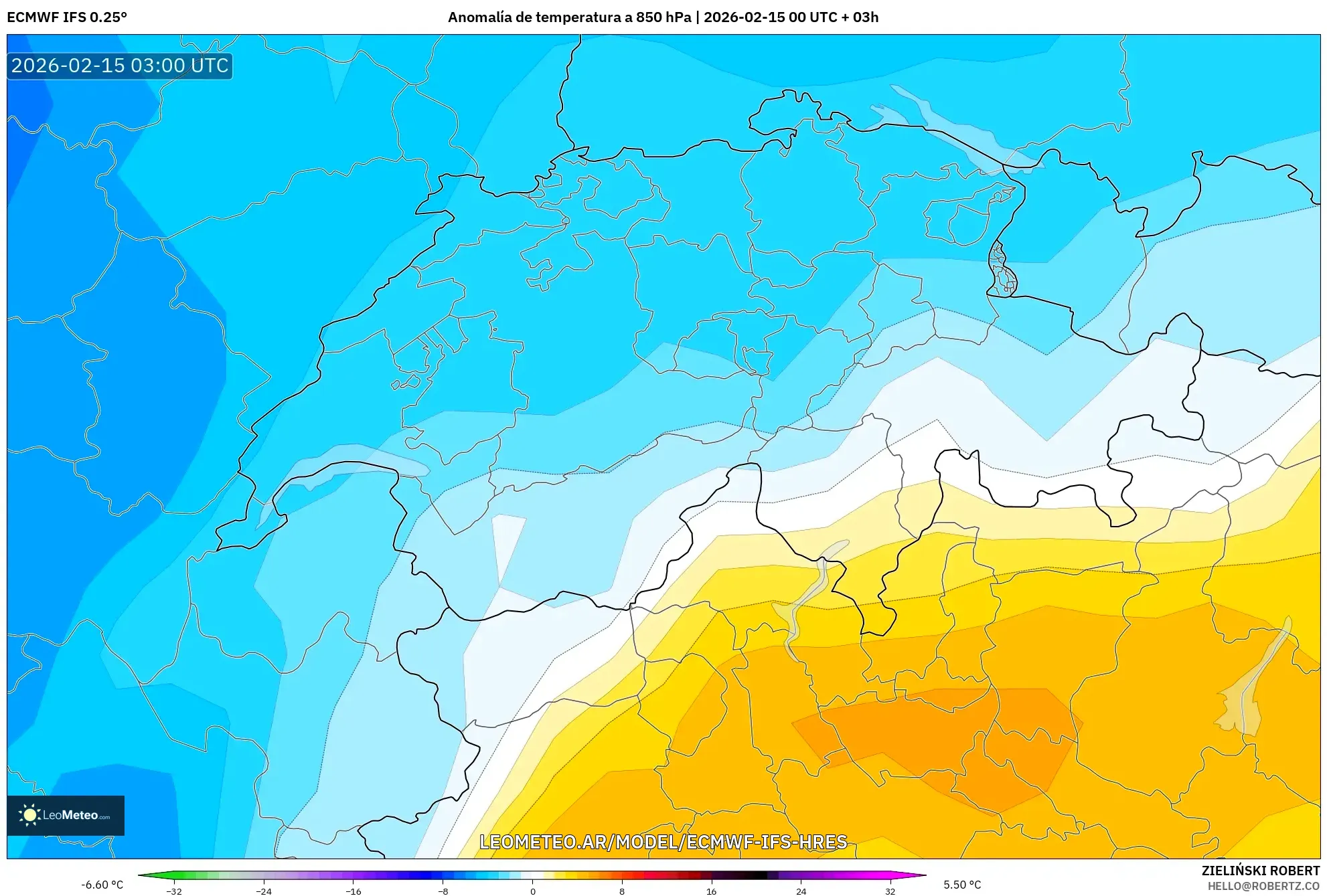 ECMWF IFS 0.25° model - Suiza, Anomalía de temperatura a 850 hPa