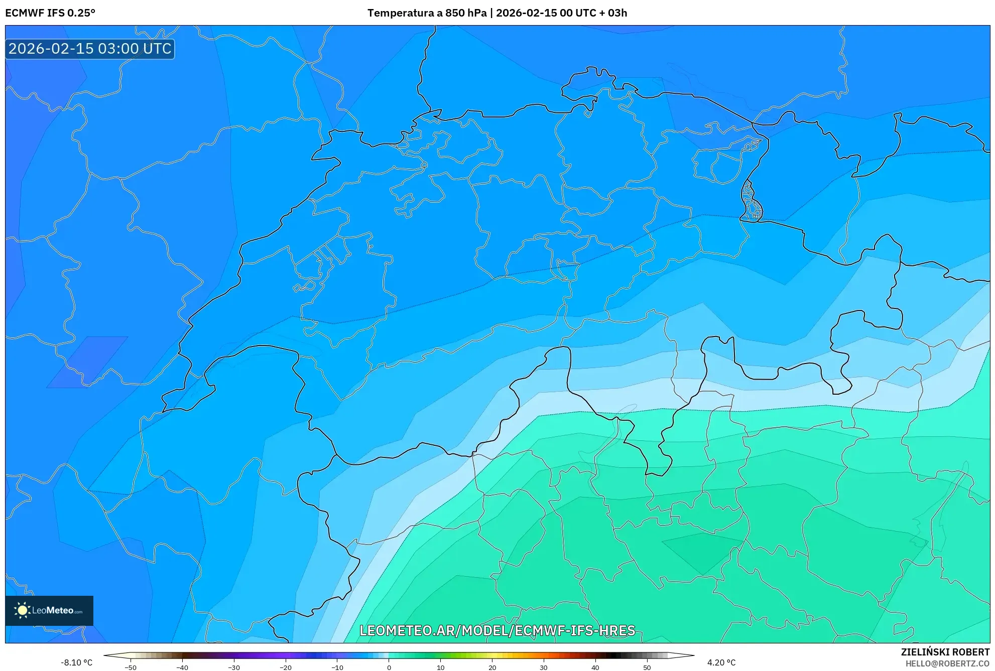 ECMWF IFS 0.25° model - Suiza, Temperatura a 850 hPa