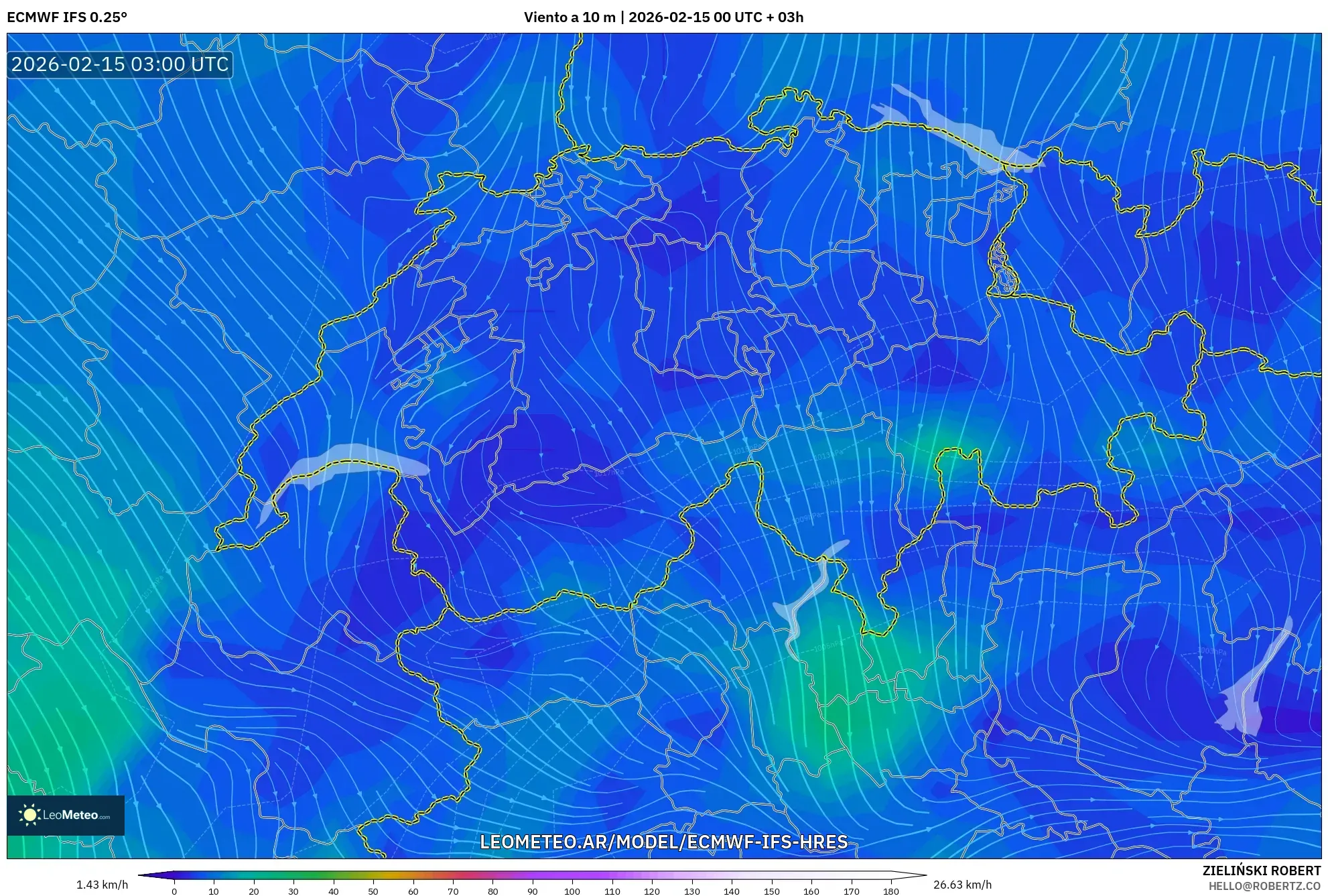 ECMWF IFS 0.25° model - Suiza, Viento a 10 m