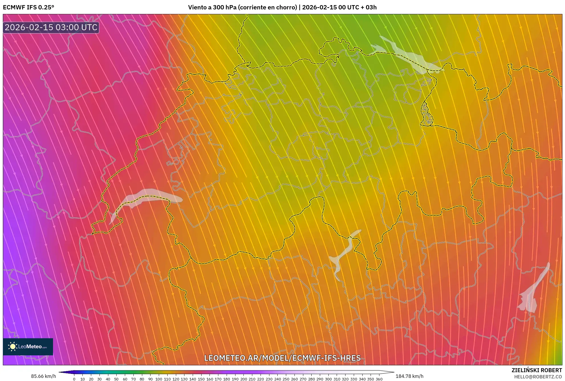 ECMWF IFS 0.25° model - Suiza, Viento a 300 hPa (corriente en chorro)