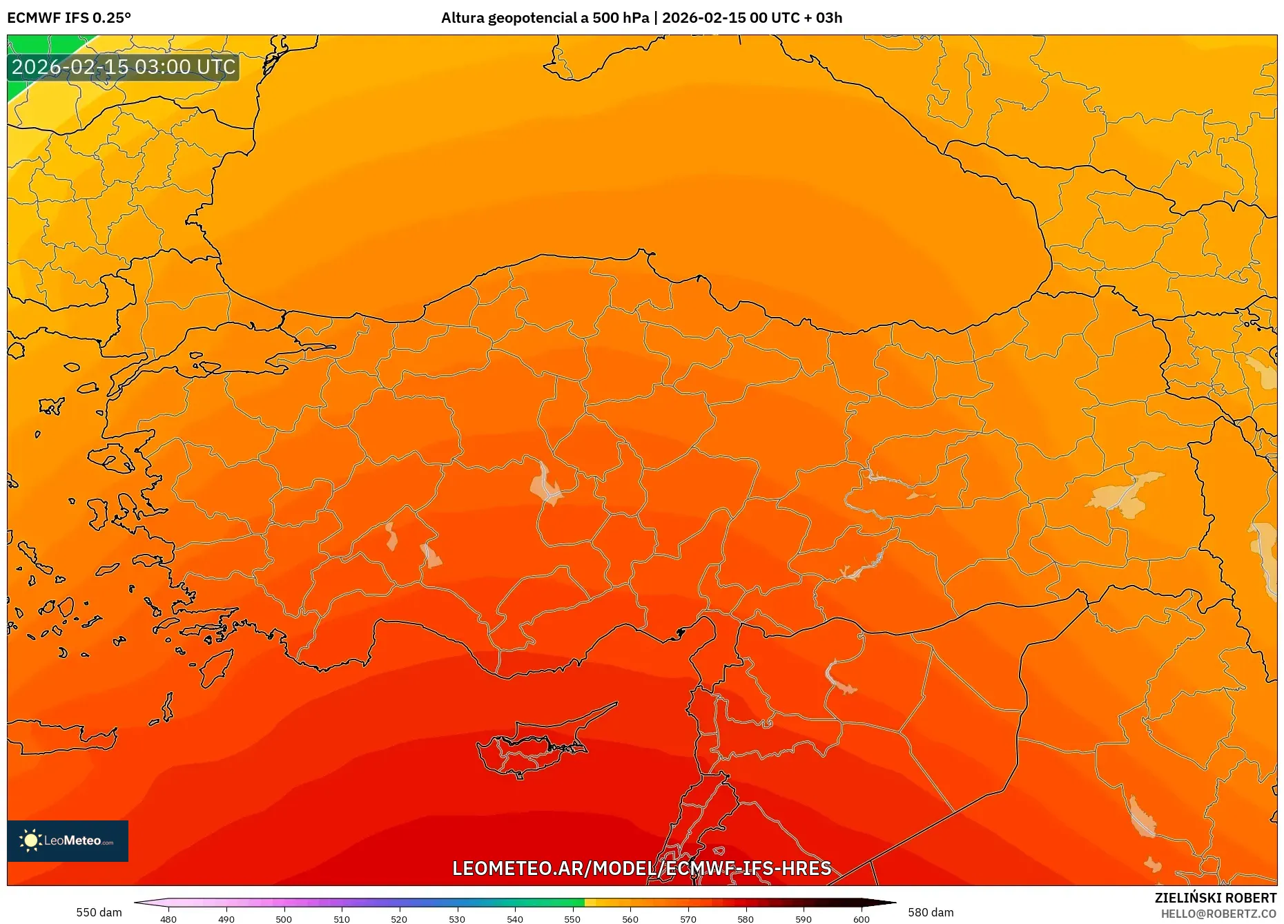 ECMWF IFS 0.25° model - Turquía, Altura geopotencial a 500 hPa