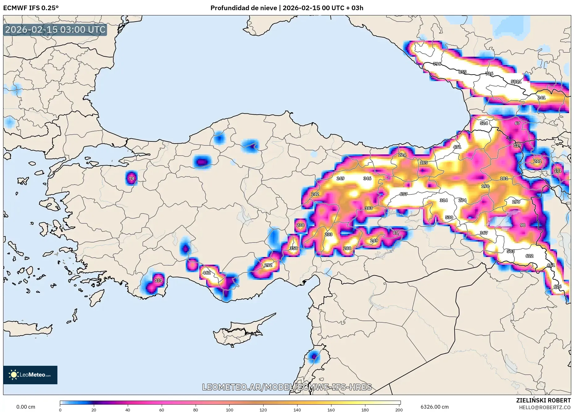 ECMWF IFS 0.25° model - Turquía, Profundidad de nieve