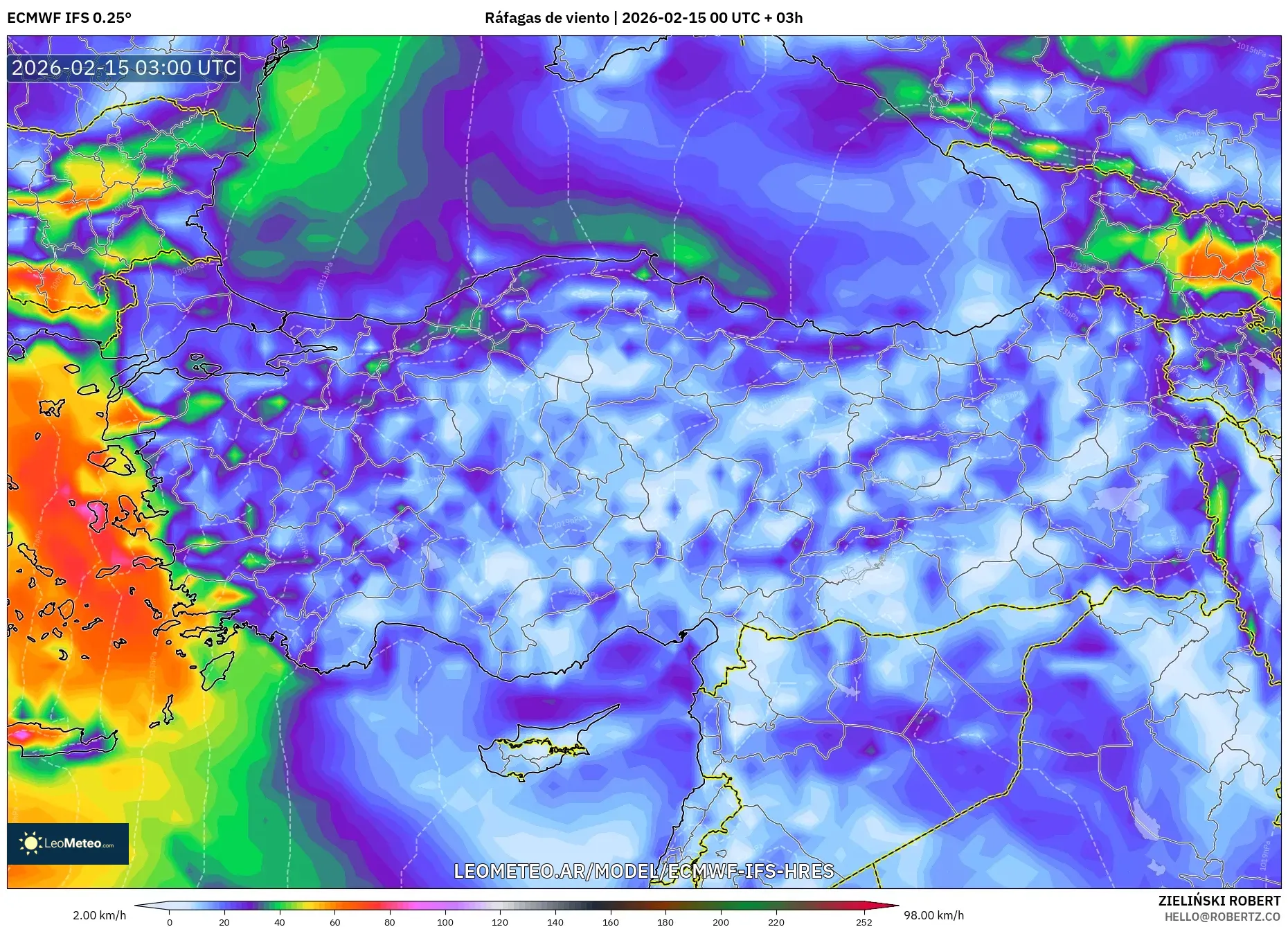 ECMWF IFS 0.25° model - Turquía, Ráfagas de viento