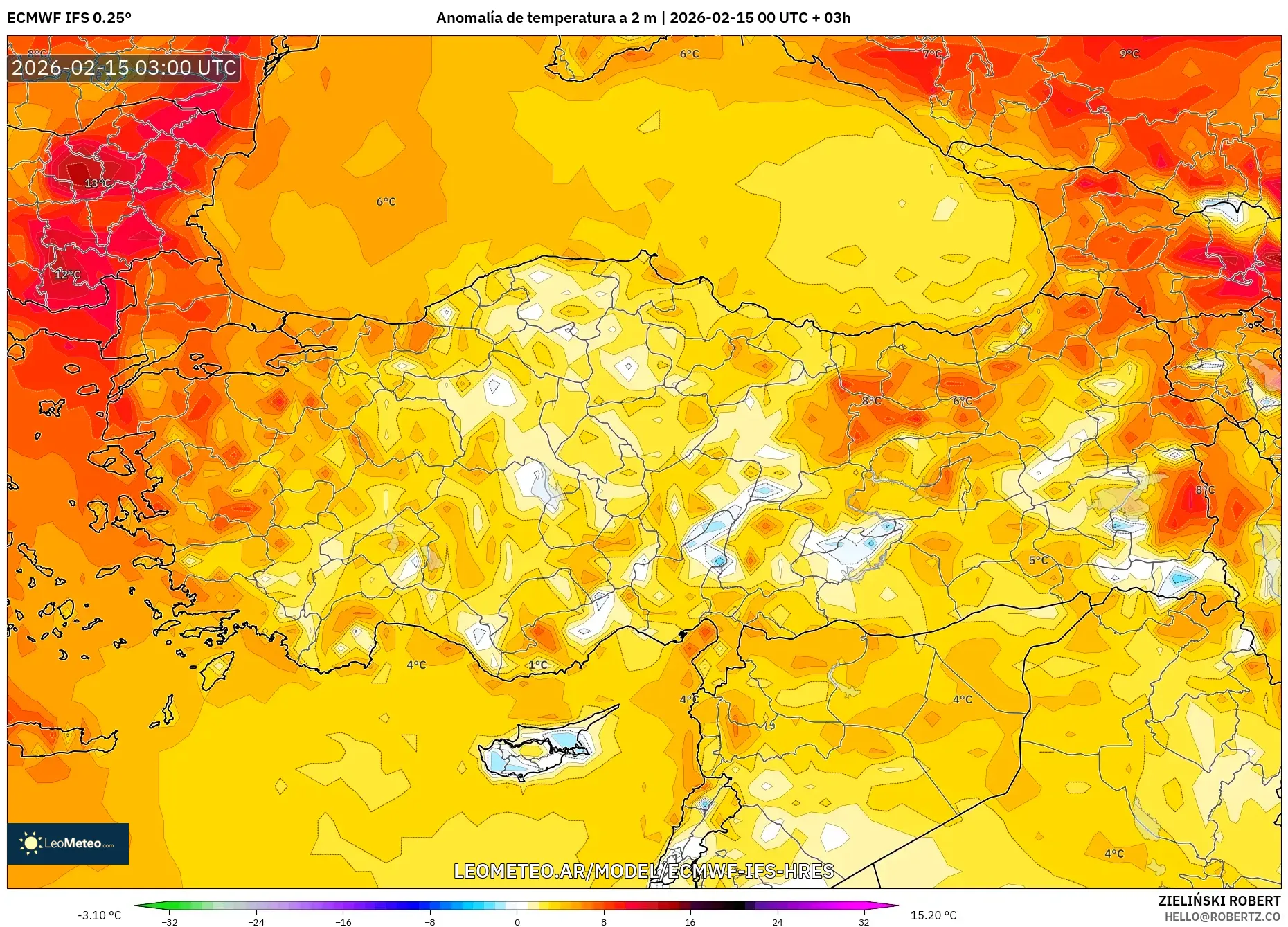 ECMWF IFS 0.25° model - Turquía, Anomalía de temperatura a 2 m