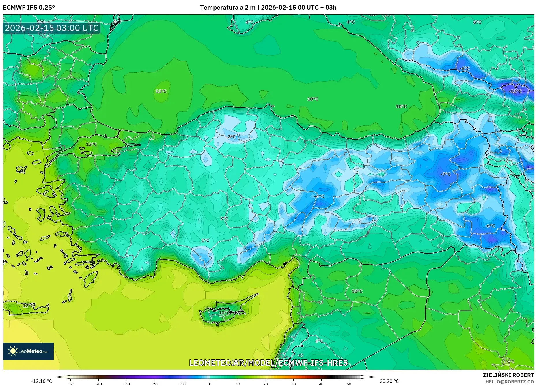 ECMWF IFS 0.25° model - Turquía, Temperatura a 2 m