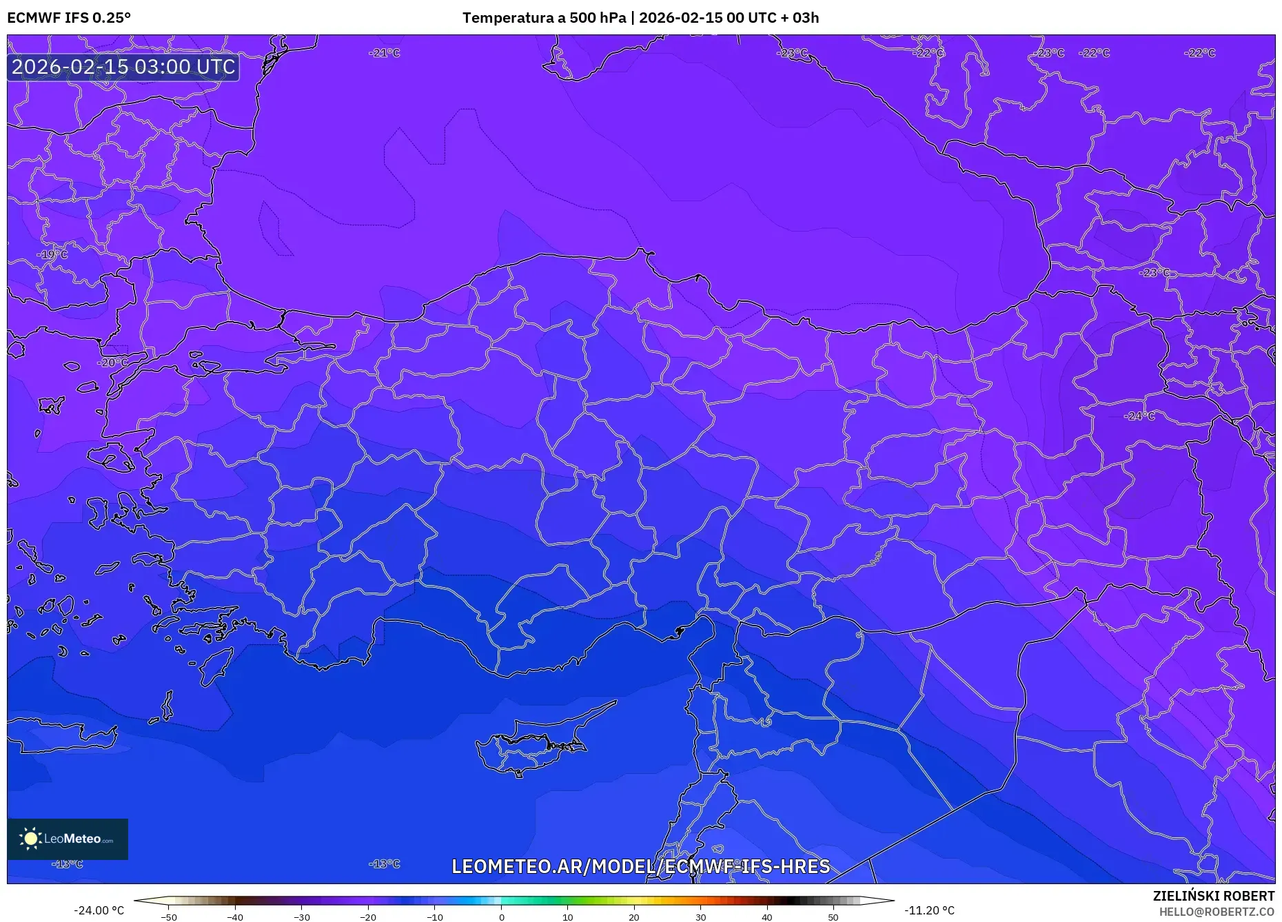 ECMWF IFS 0.25° model - Turquía, Temperatura a 500 hPa