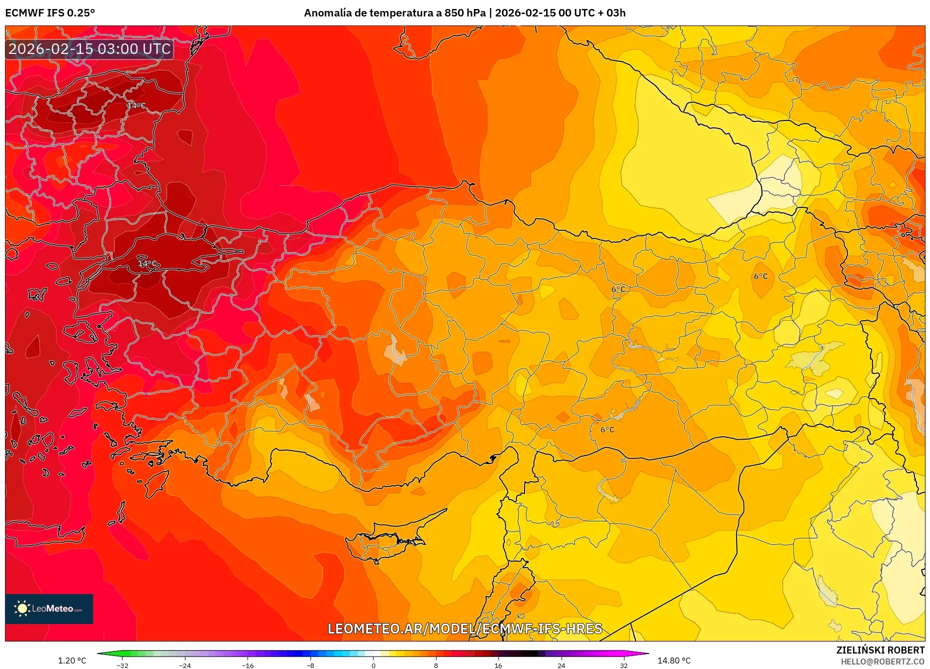 ECMWF IFS 0.25° model - Turquía, Anomalía de temperatura a 850 hPa