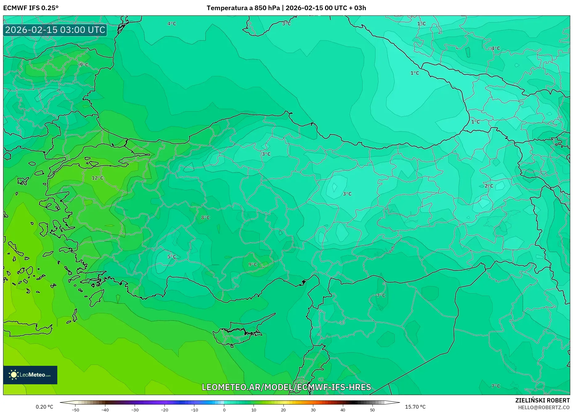 ECMWF IFS 0.25° model - Turquía, Temperatura a 850 hPa