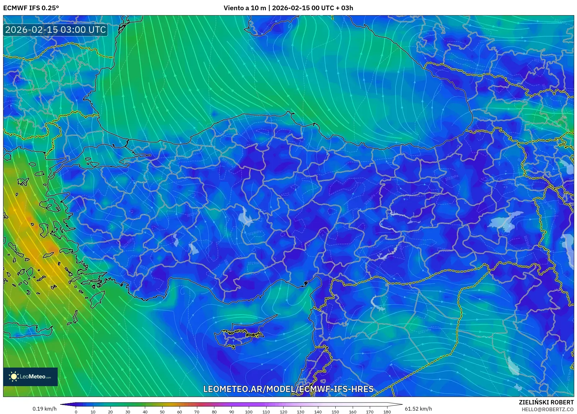 ECMWF IFS 0.25° model - Turquía, Viento a 10 m