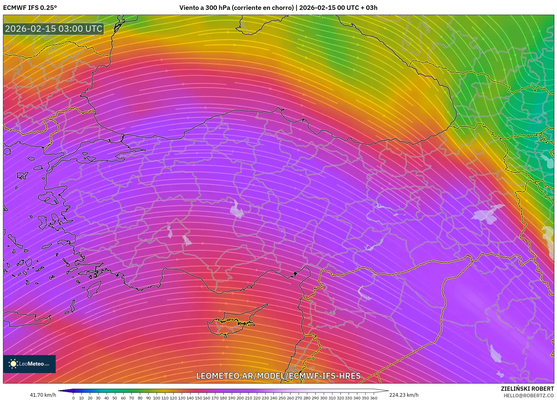 ECMWF IFS 0.25° model - Turquía, Viento a 300 hPa (corriente en chorro)