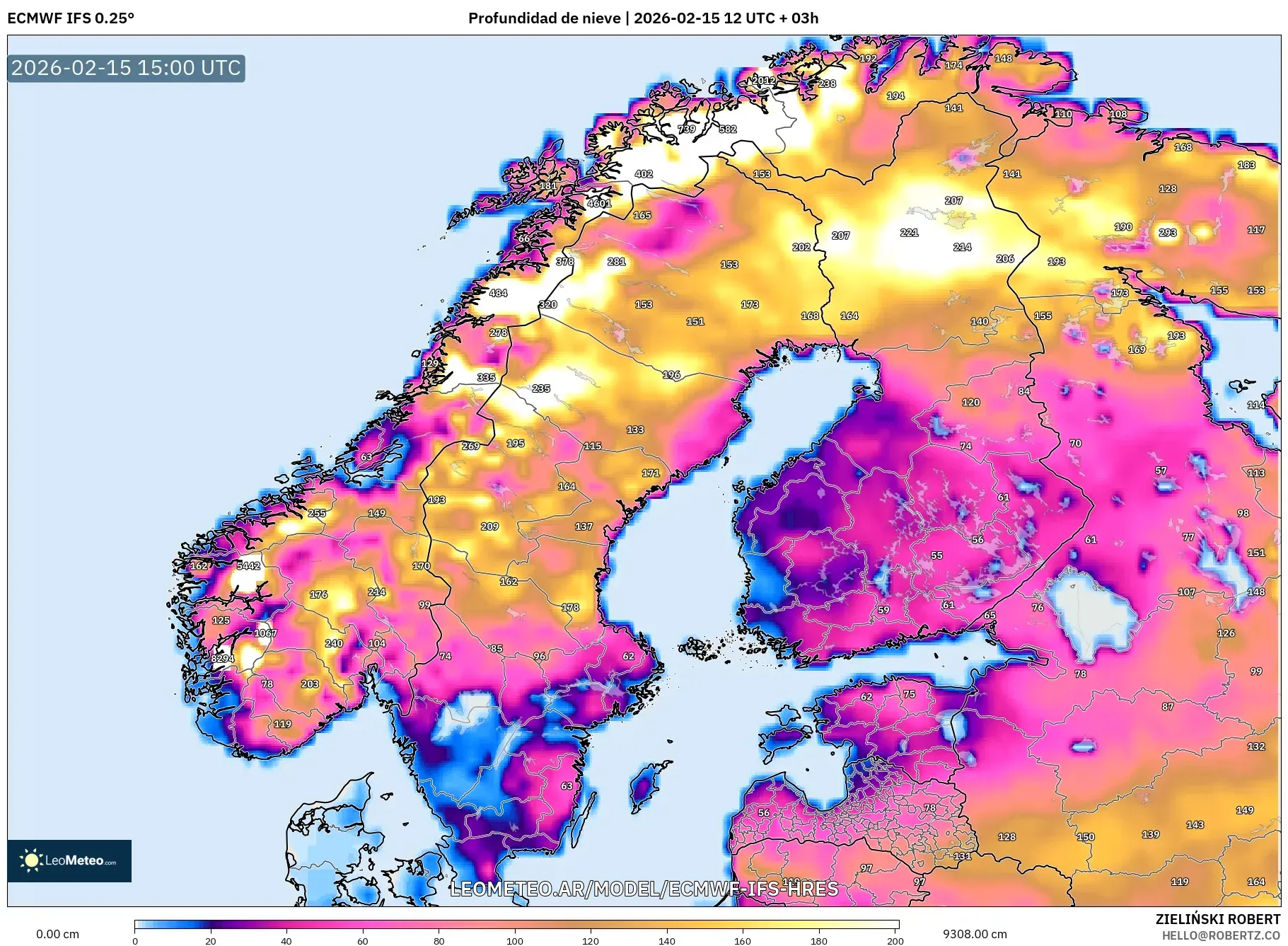 ECMWF IFS 0.25° model - Escandinavia, Profundidad de nieve