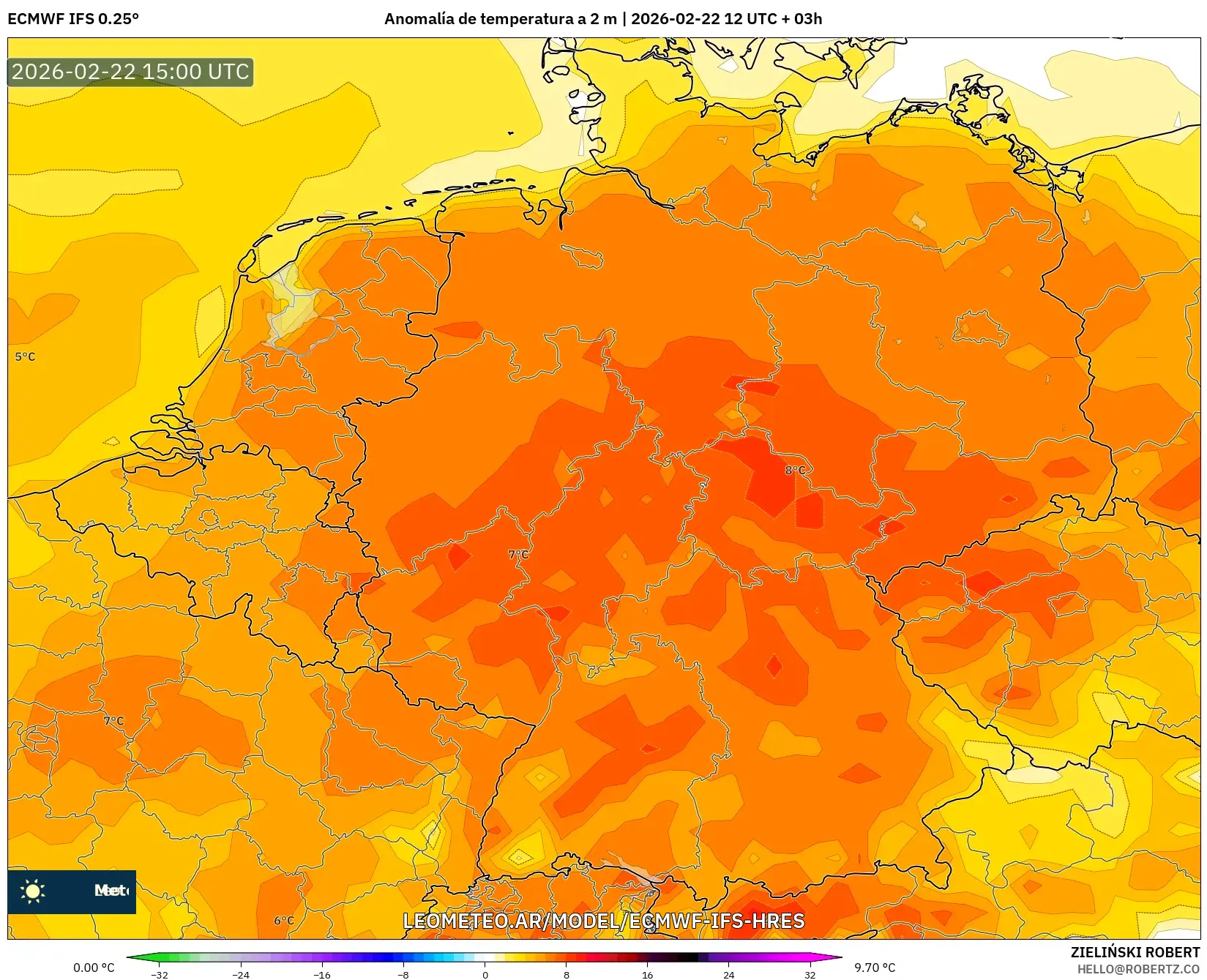 ECMWF IFS 0.25° model - Niemcy, Anomalia temperatury na 2 m