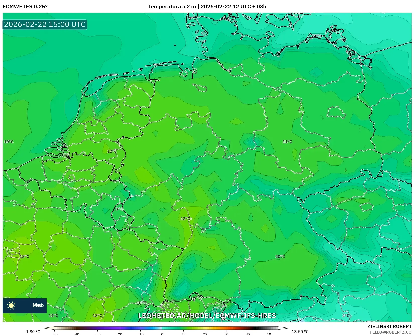 ECMWF IFS 0.25° model - Niemcy, Temperatura na 2 m