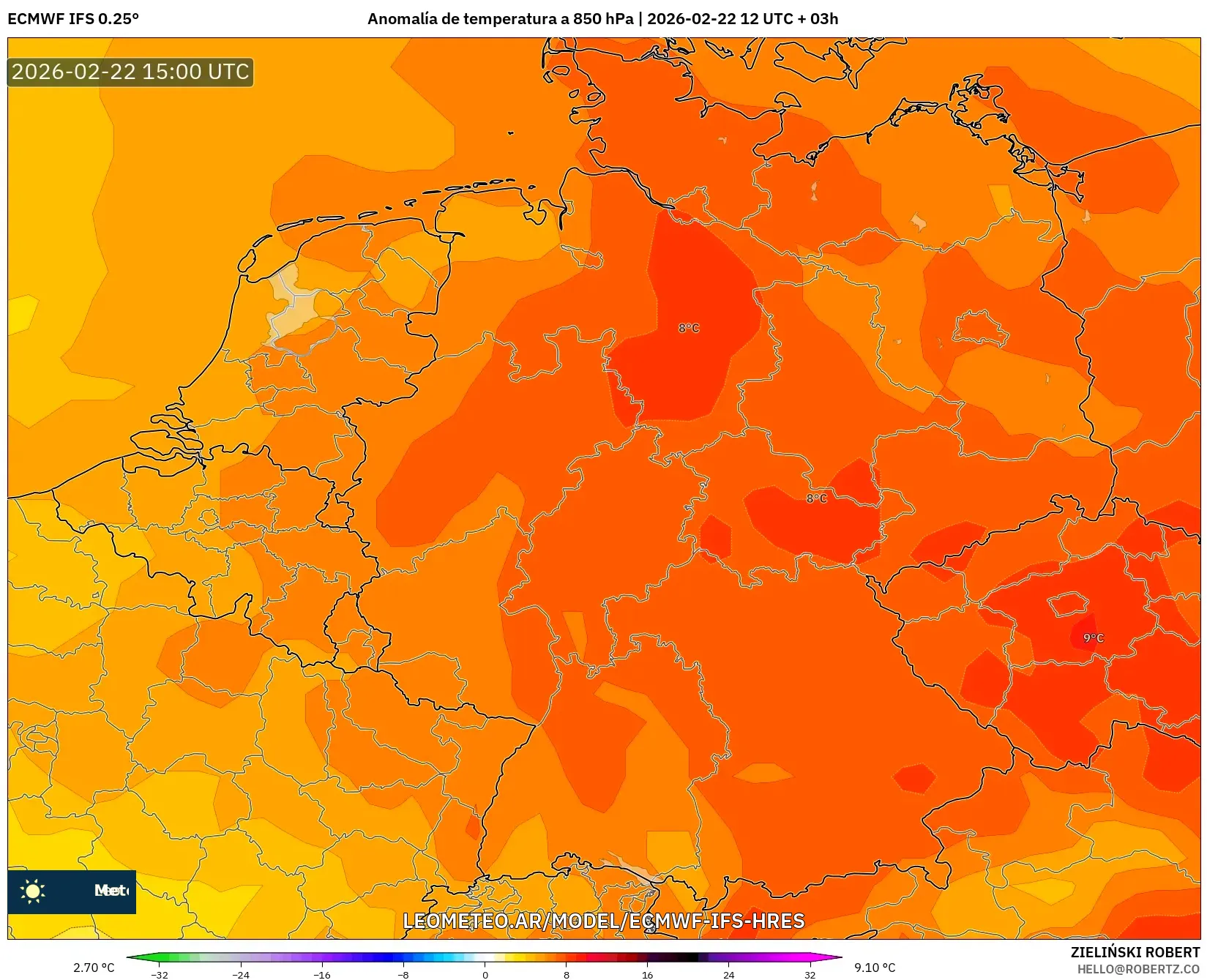 ECMWF IFS 0.25° model - Niemcy, Anomalia temperatury na 850 hPa