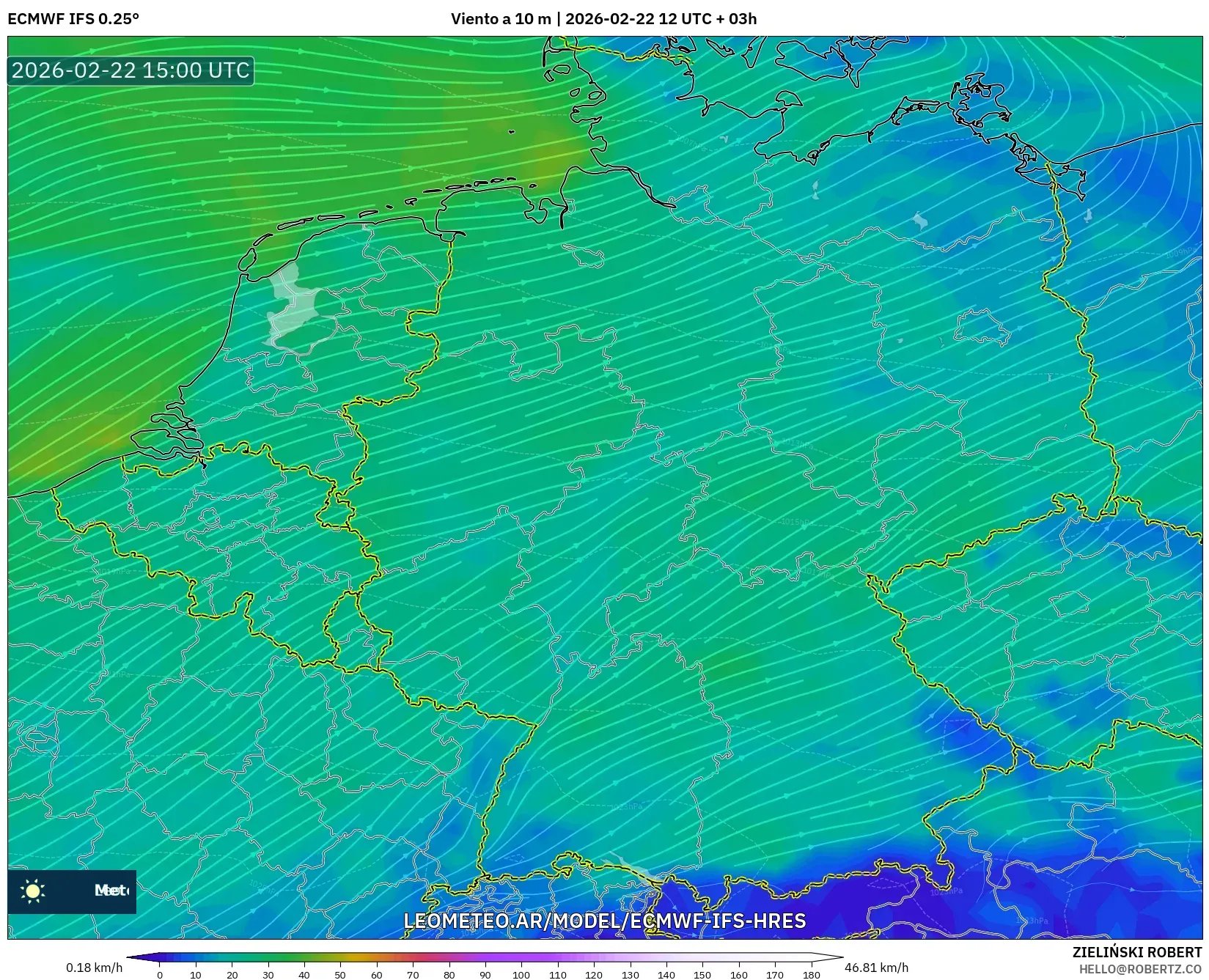 ECMWF IFS 0.25° model - Niemcy, Wiatr na 10 m