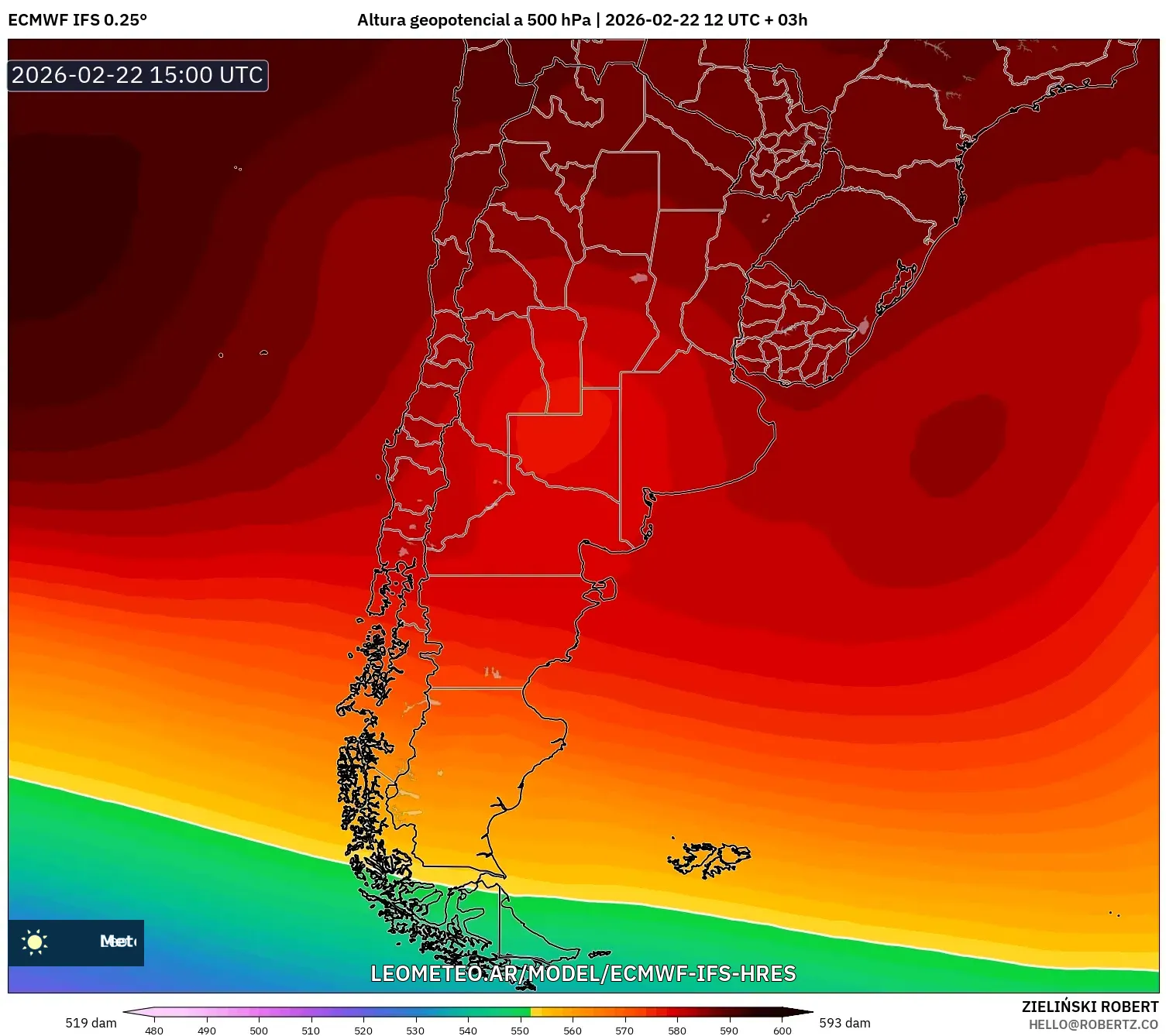 ECMWF IFS 0.25° model - Argentyna, Wysokość geopotencjalna na poziomie 500 hPa