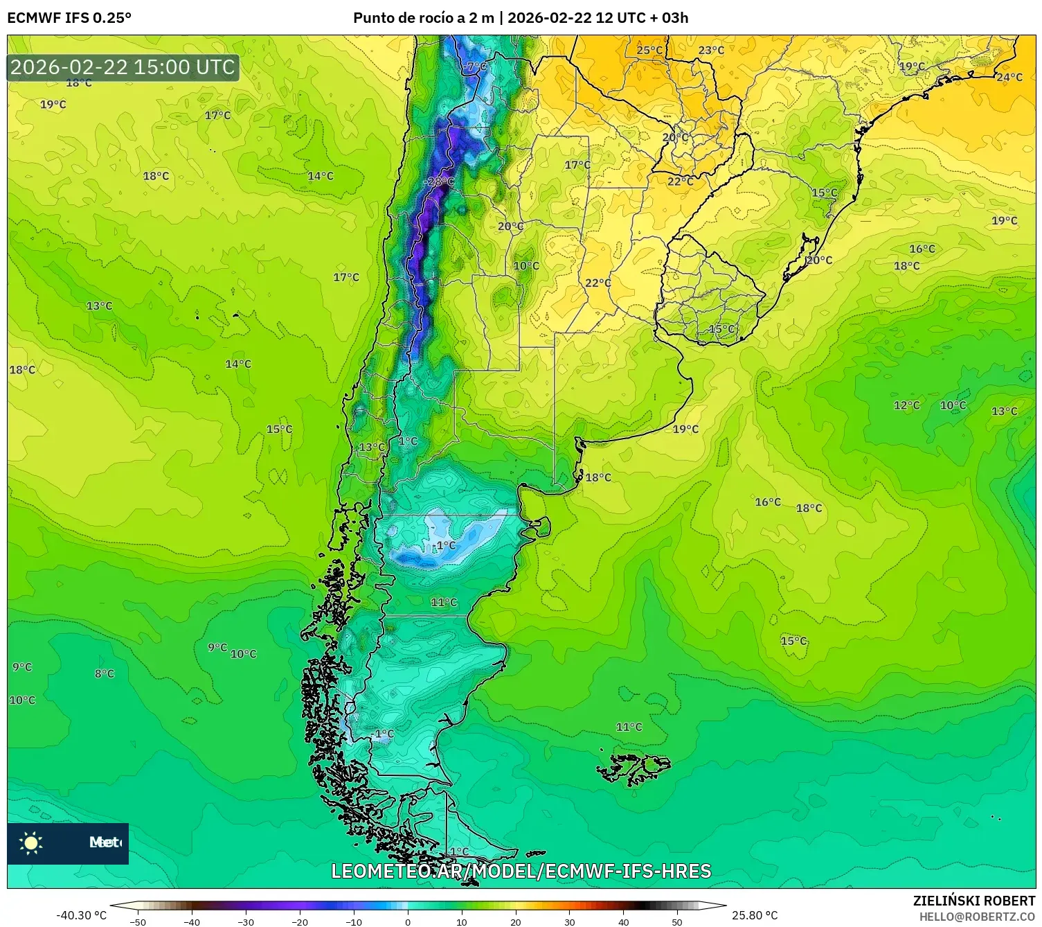 ECMWF IFS 0.25° model - Argentyna, Punkt rosy na 2 m