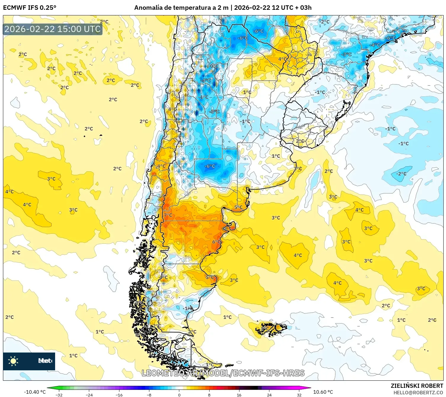 ECMWF IFS 0.25° model - Argentyna, Anomalia temperatury na 2 m